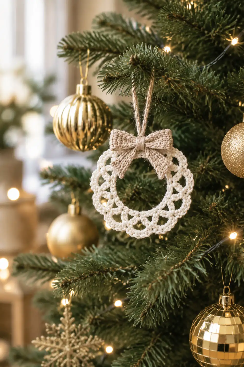 A cream crocheted wreath ornament with bow hangs on a Christmas tree among gold baubles and lights.