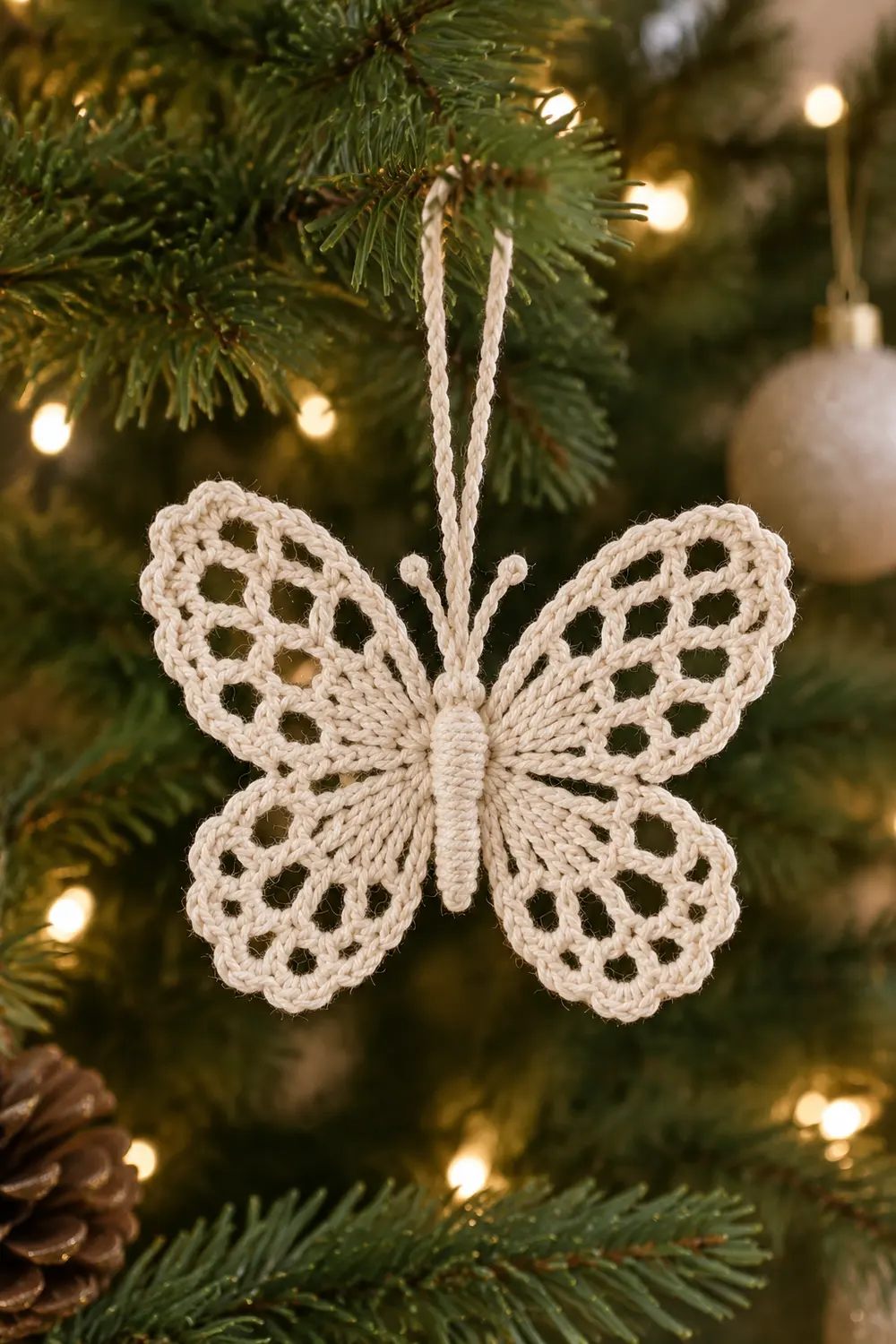 A delicate cream crocheted butterfly ornament hanging from twine on a Christmas tree with twinkling lights.