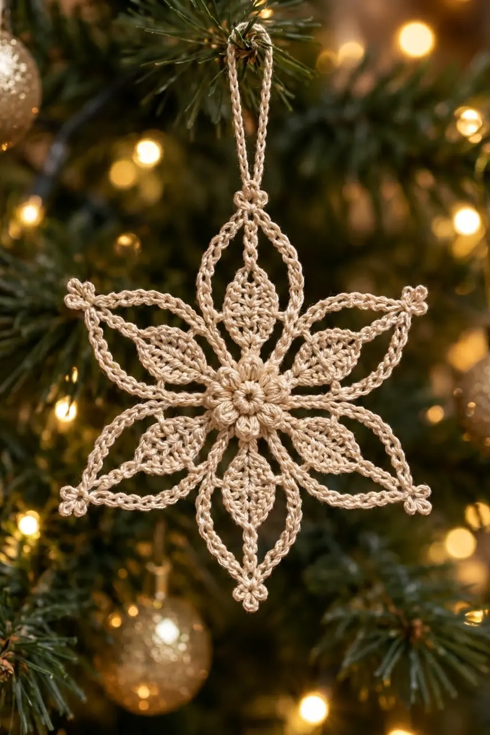 Cream crocheted snowflake ornament hanging on evergreen branch with warm golden lights and baubles.