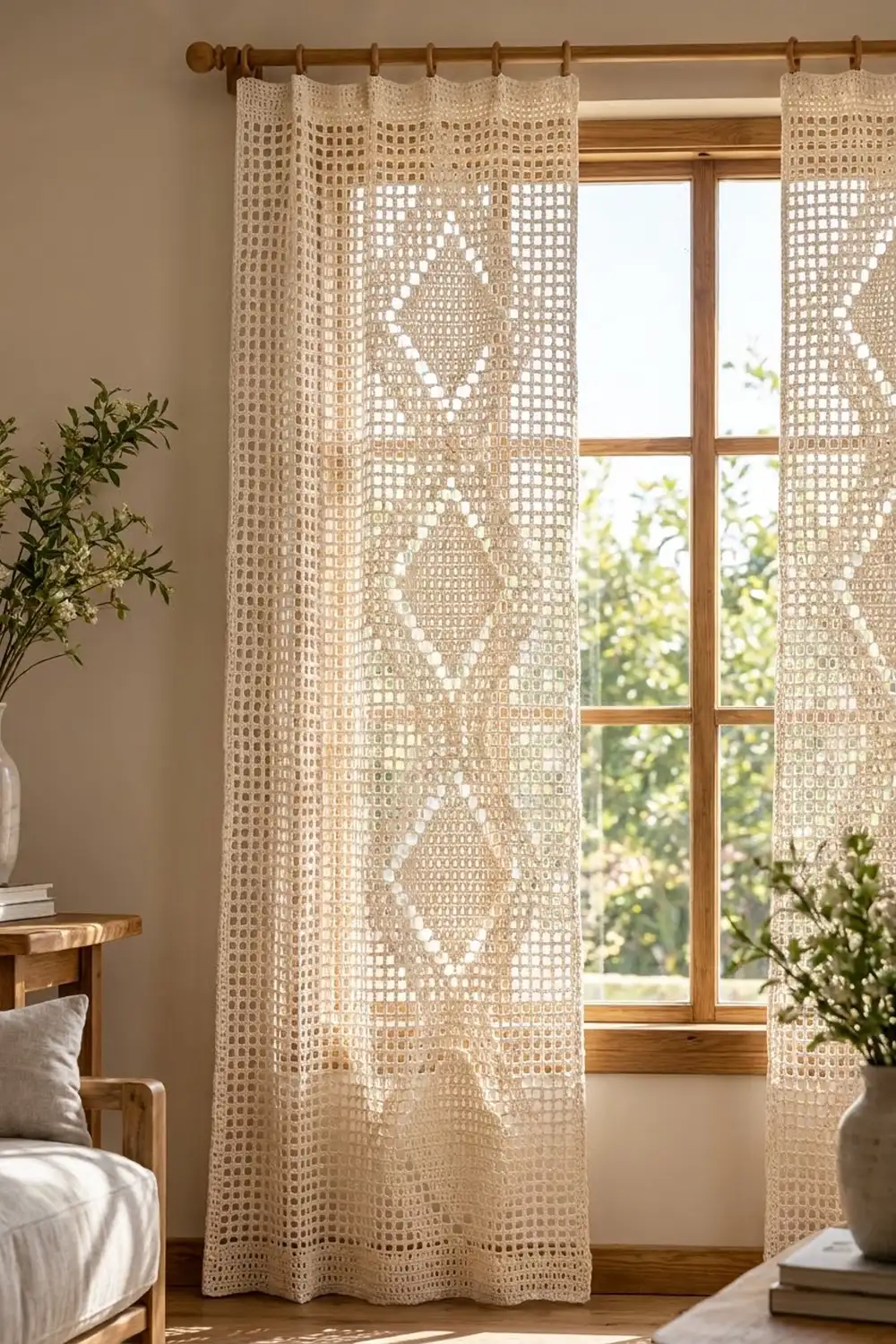 Cream-colored crochet curtain with diamond pattern hangs from wooden rod, framing bright bedroom window with plants nearby.