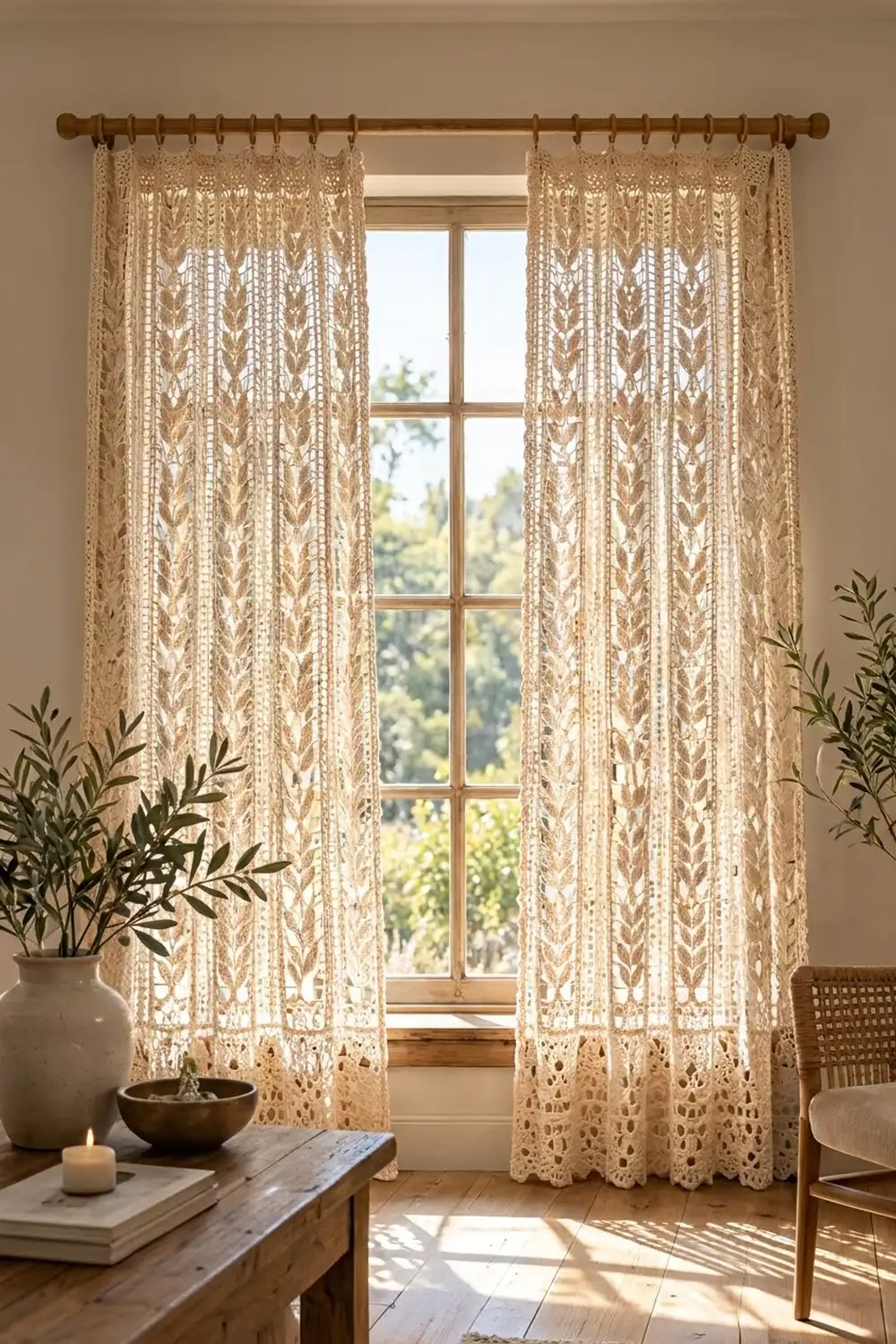 Cream botanical lace curtains with delicate leaf motifs frame a bright window in a warm, neutral interior.