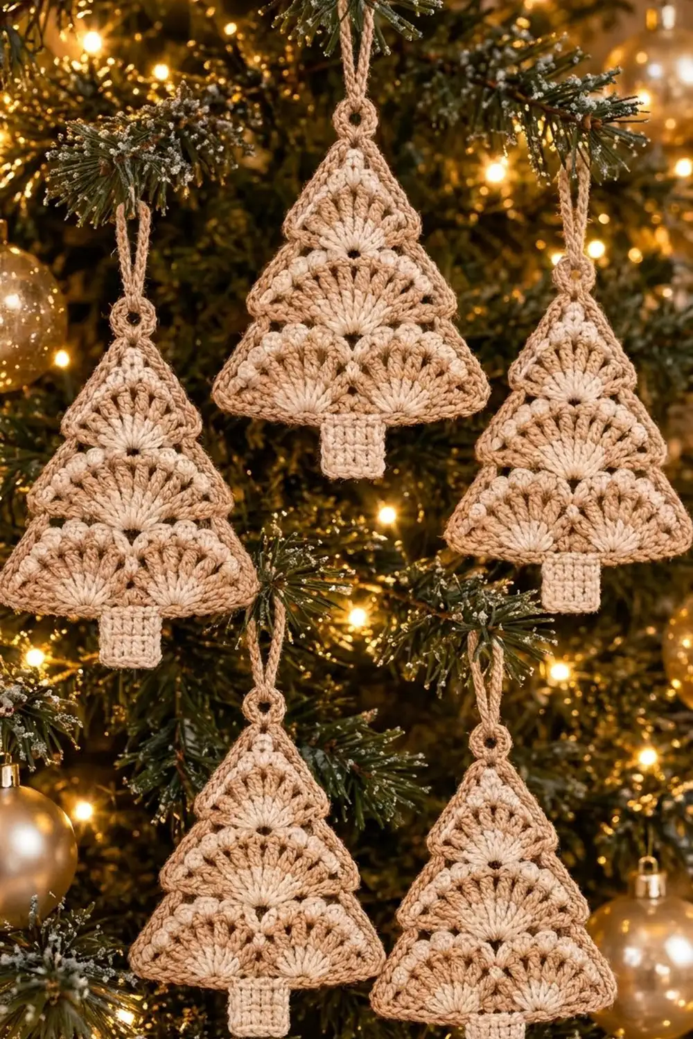 Tan crocheted Christmas tree ornaments with shell-stitch details hang on an evergreen tree with golden twinkling lights.