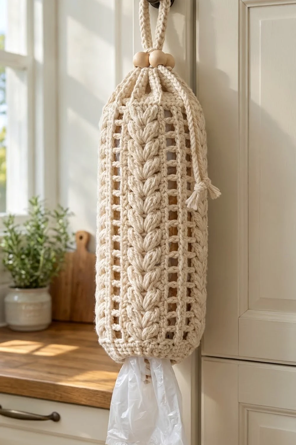 A cream crocheted hanging produce bag with openwork leaf pattern and tassels in a bright, minimalist kitchen.