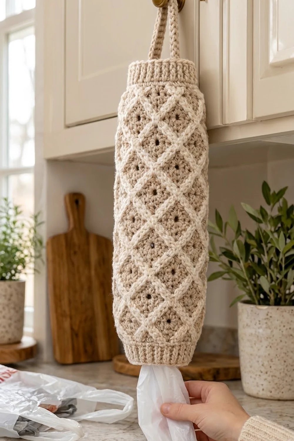 Cream crocheted bag with diamond pattern hanging from rope handle in a bright kitchen with potted plants and wooden accents.