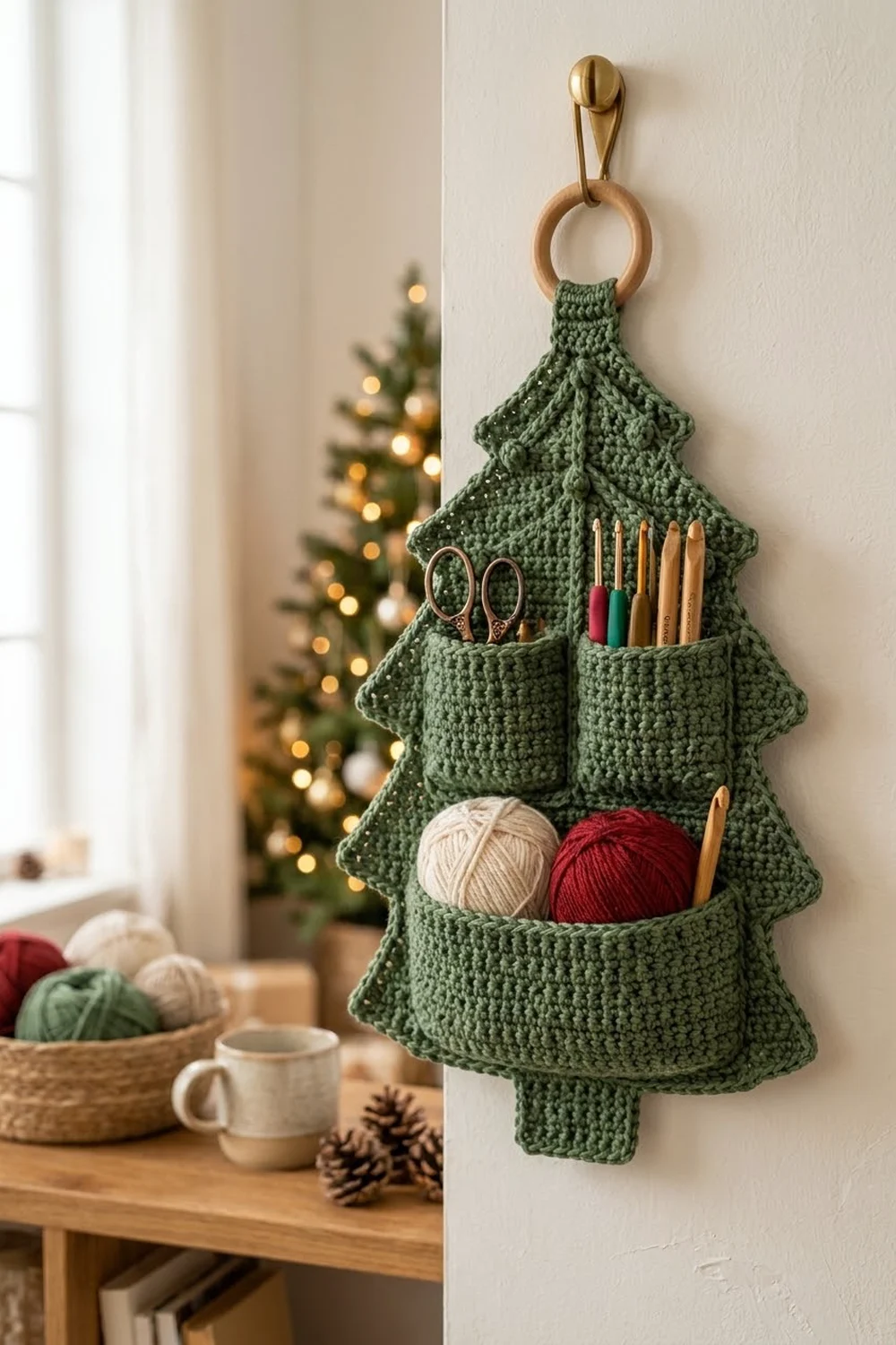 A forest green crocheted Christmas tree organizer holding yarn and crochet supplies hangs on a white wall near holiday décor.