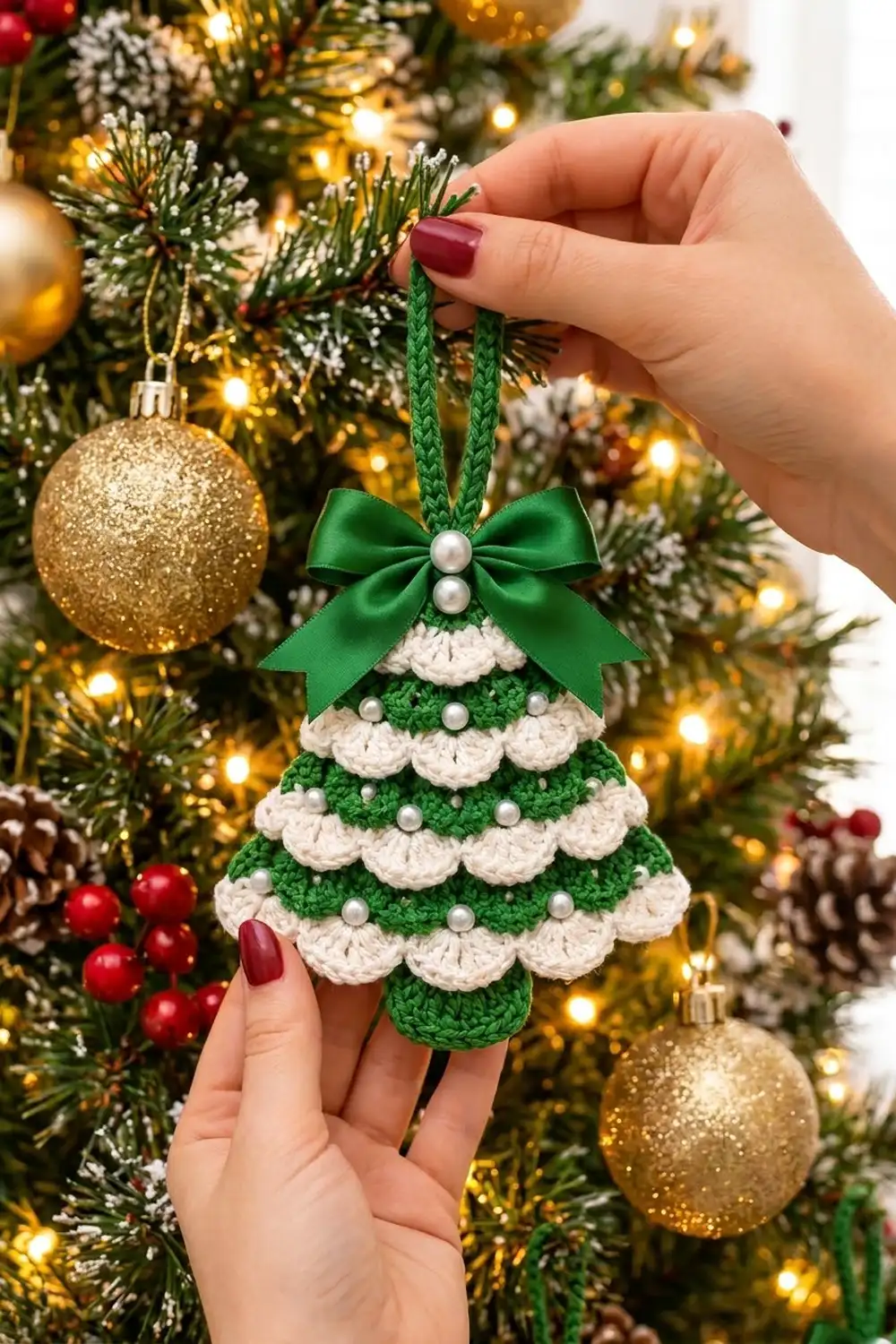 Hand holding a green crocheted Christmas tree ornament with white scalloped trim and pearl bow against a lit Christmas tree.