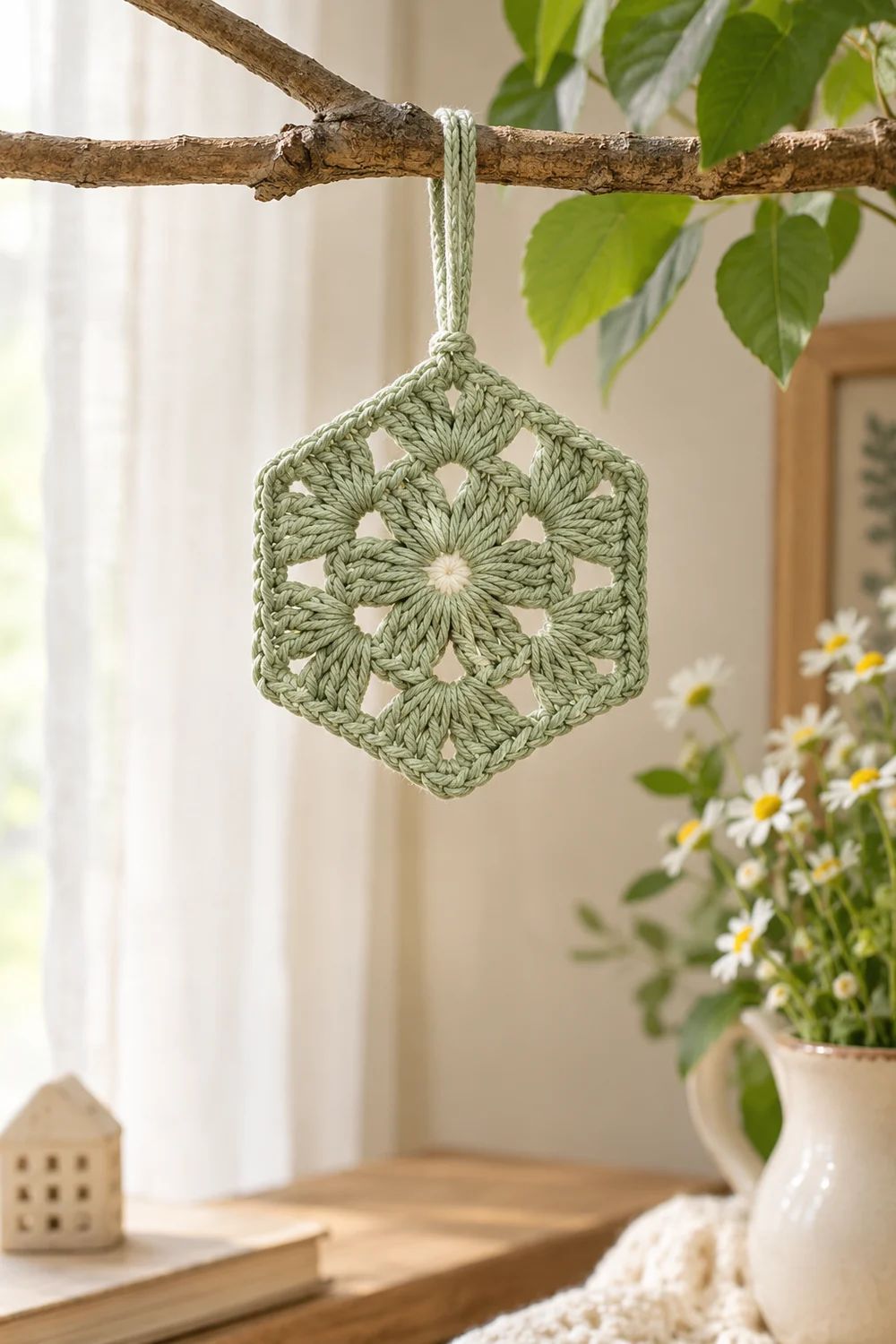 A sage green crocheted hexagonal ornament hangs from a branch above potted daisies and wooden decor.