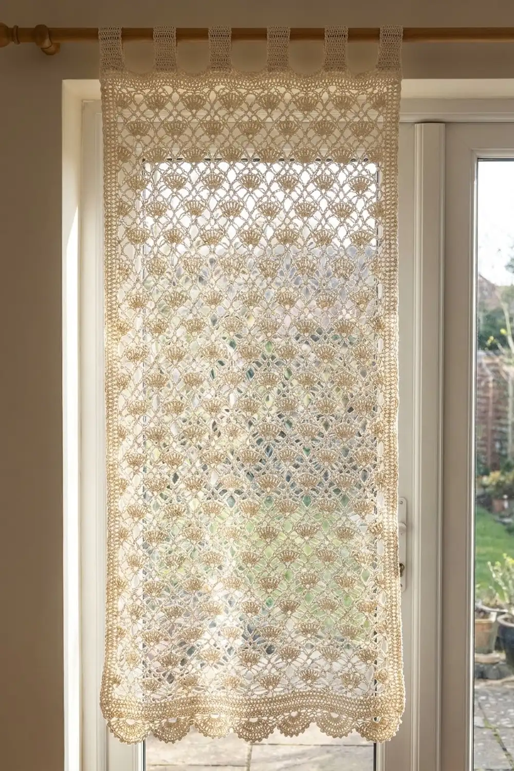 Cream crocheted lace panel with ornate shell motifs hung on brass rod overlooking garden.
