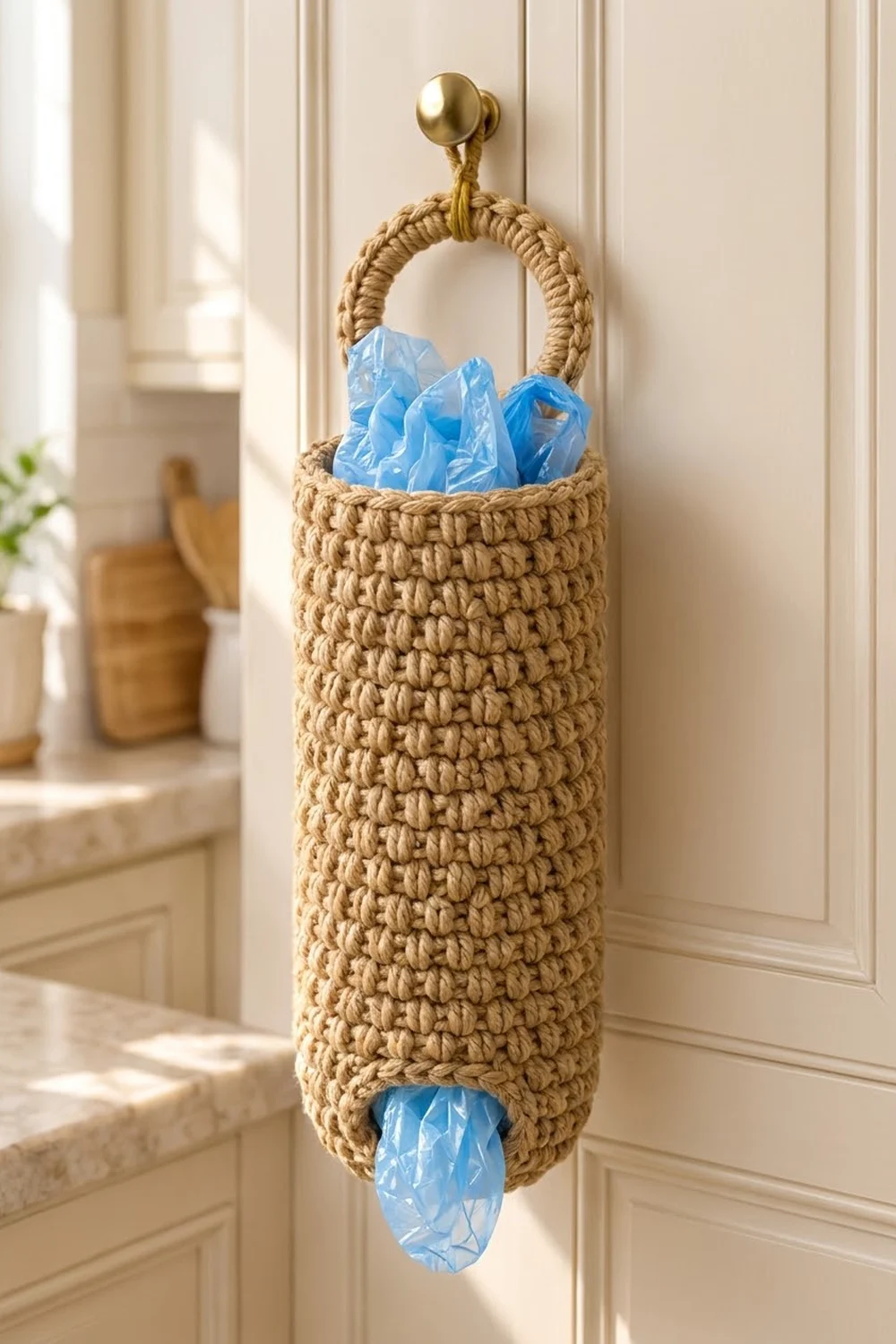 Tan crocheted storage organizer hanging on an interior door, filled with rolled blue plastic grocery bags.