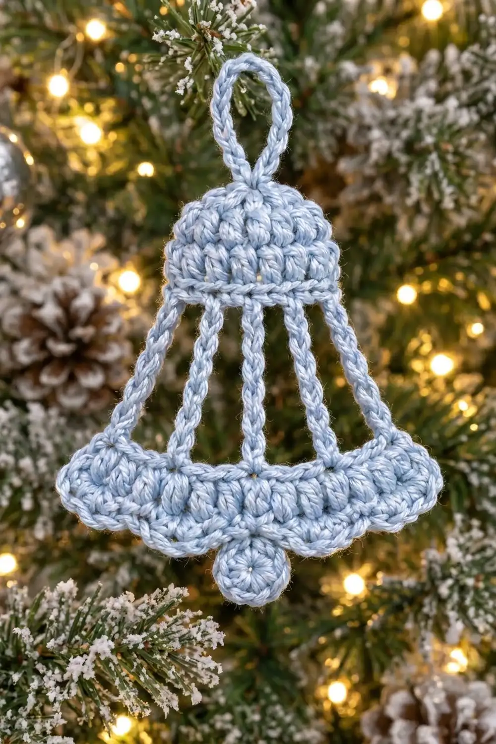 Light blue crocheted bell with scalloped trim hanging on frosted evergreen amid golden holiday lights.