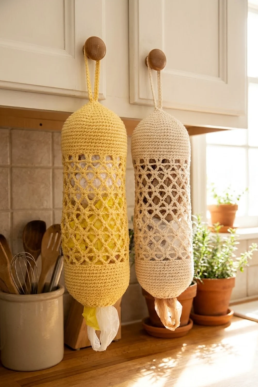 Yellow and cream crocheted bag holders hang from wooden knobs on sunny kitchen cabinetry with countertop plants.