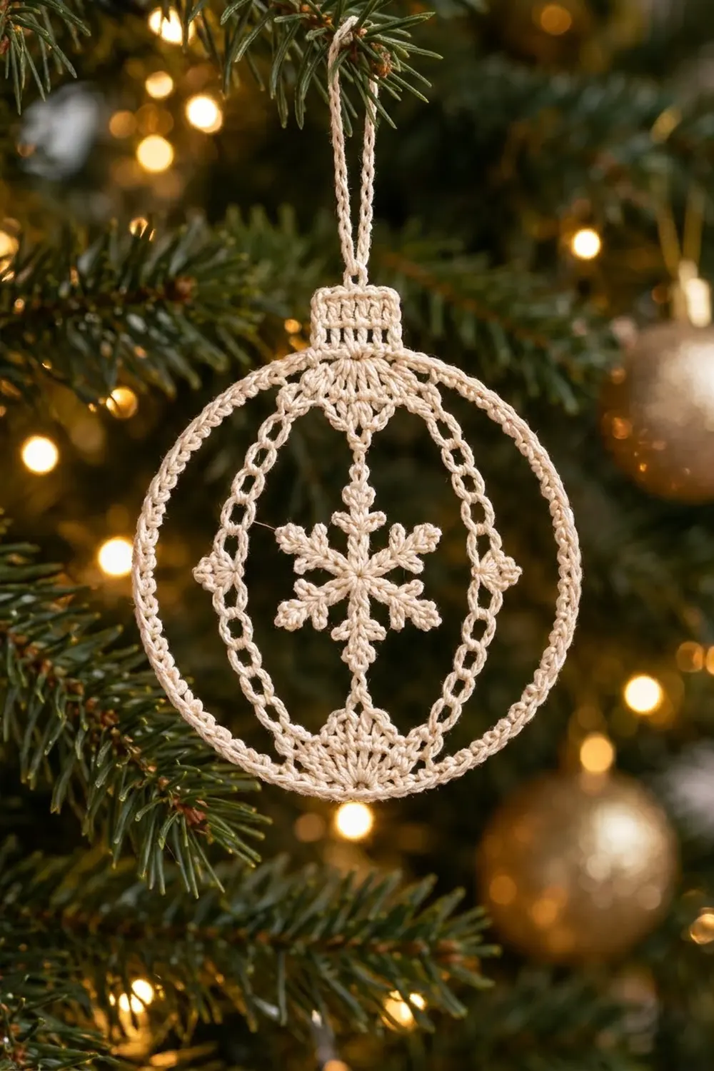 Handmade crochet bauble with snowflake motif hangs on evergreen tree branch amid warm golden holiday lights.