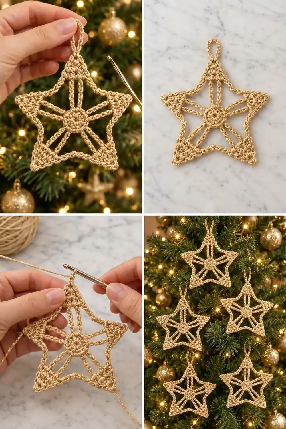 Hand-crocheted tan star ornaments decorating a green Christmas tree with golden baubles and warm white lights.