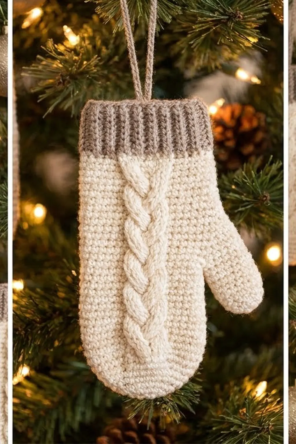 Pair of cream-colored crocheted mittens with cable knit suspended in evergreen garland amid warm golden lights.