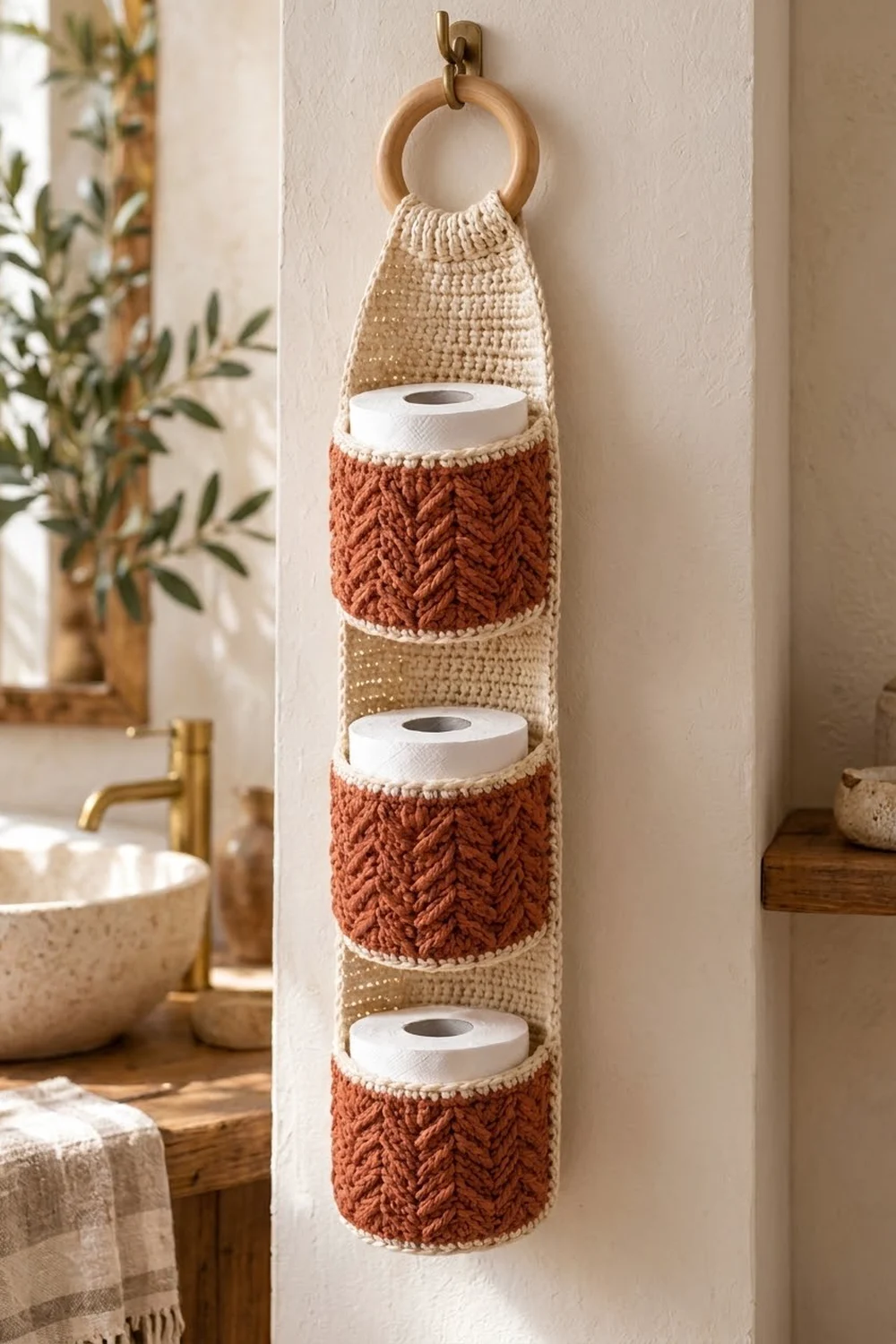 Crocheted tissue holder with alternating cream and terracotta pockets hanging in a sunlit bathroom.