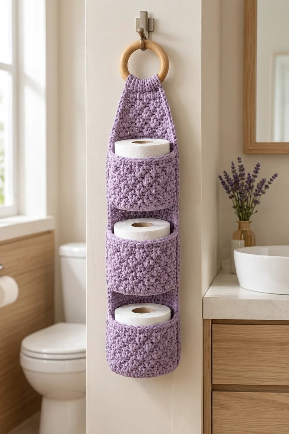 A purple crocheted toilet paper holder with wooden ring and textured design, displayed in a bright bathroom.