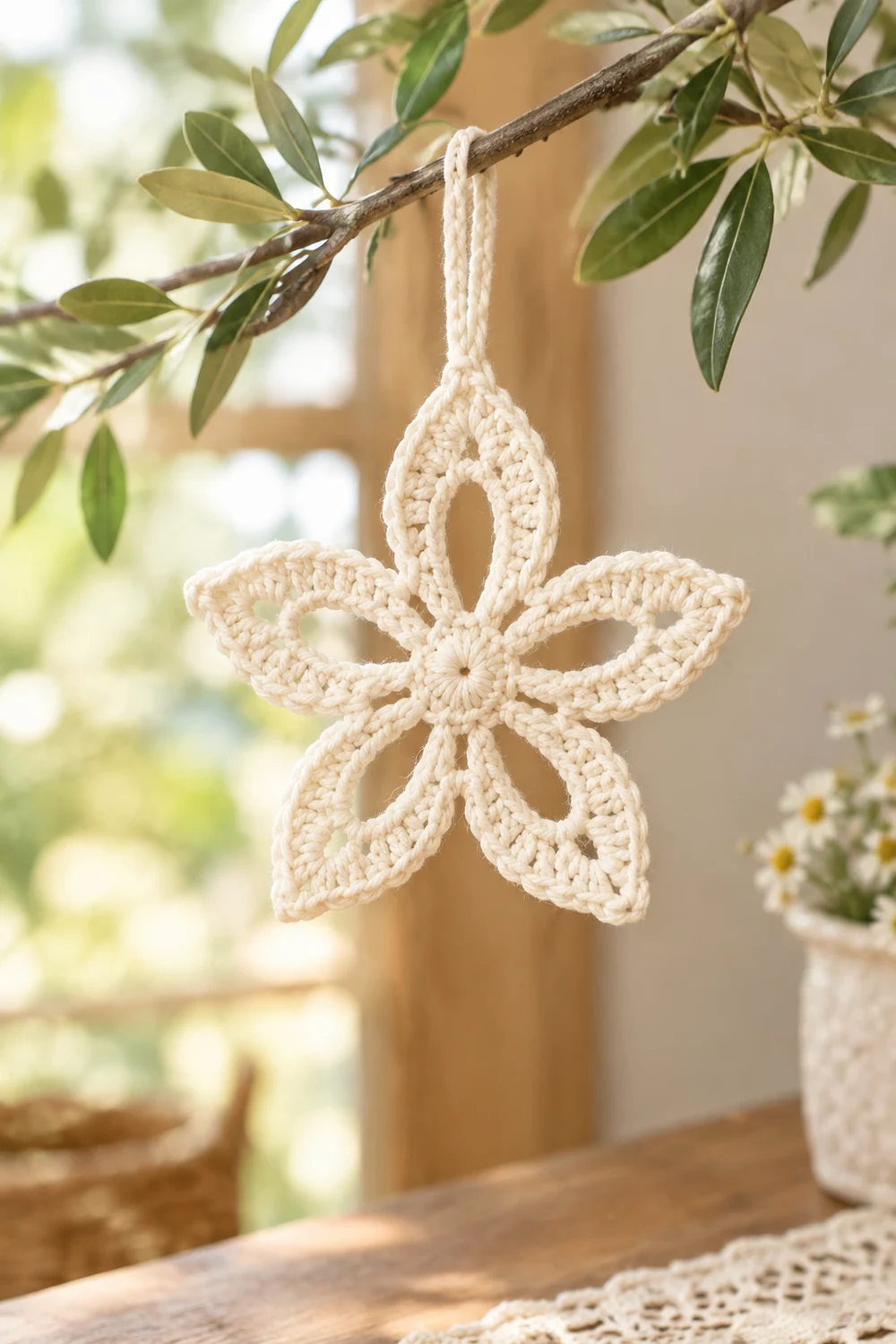 A cream crochet star ornament hangs from a branch with green leaves in a bright, naturally lit room.