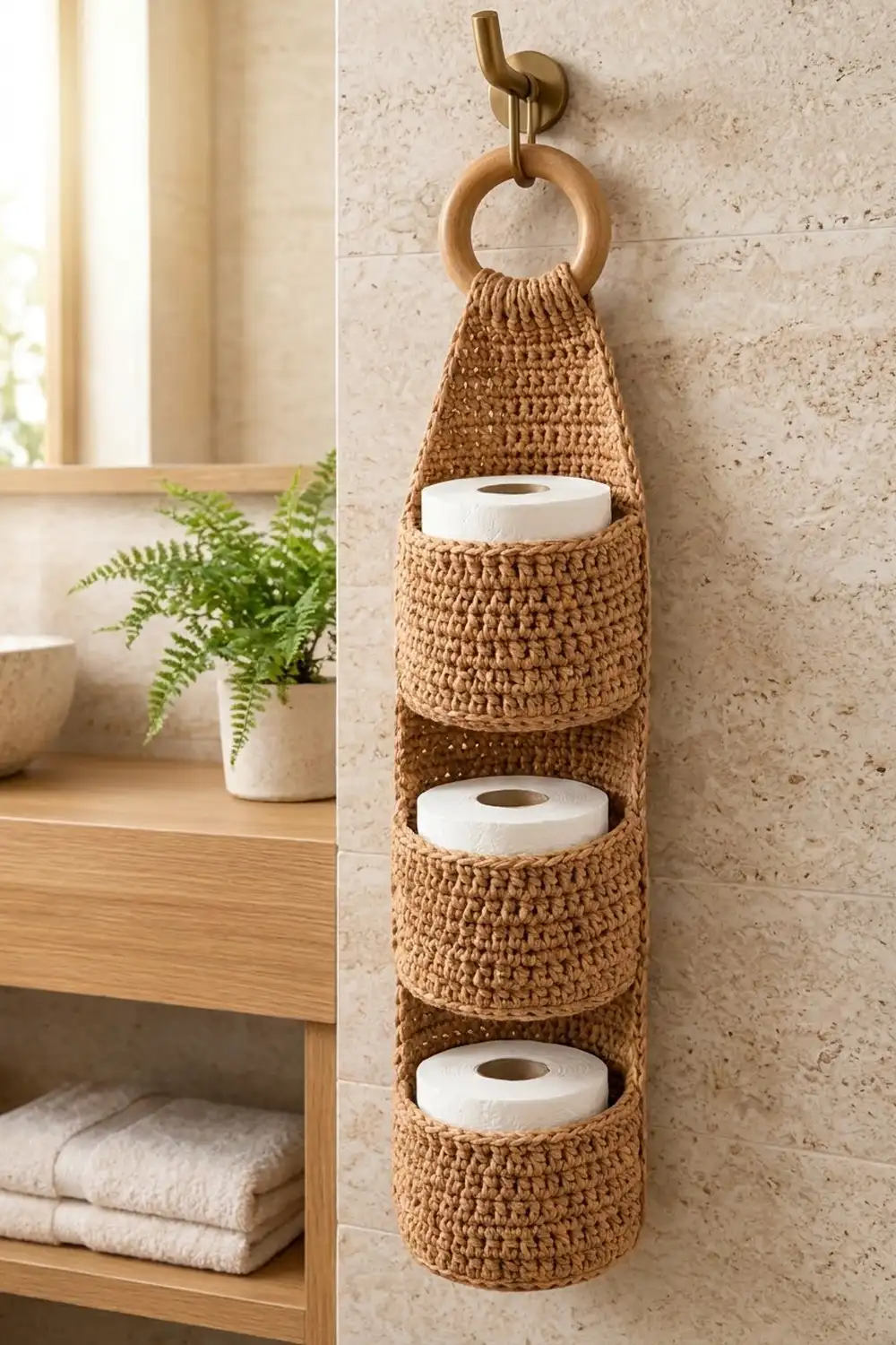 Tan crocheted toilet paper holder holding three white rolls, wall-mounted in a minimalist bathroom beside a potted fern.