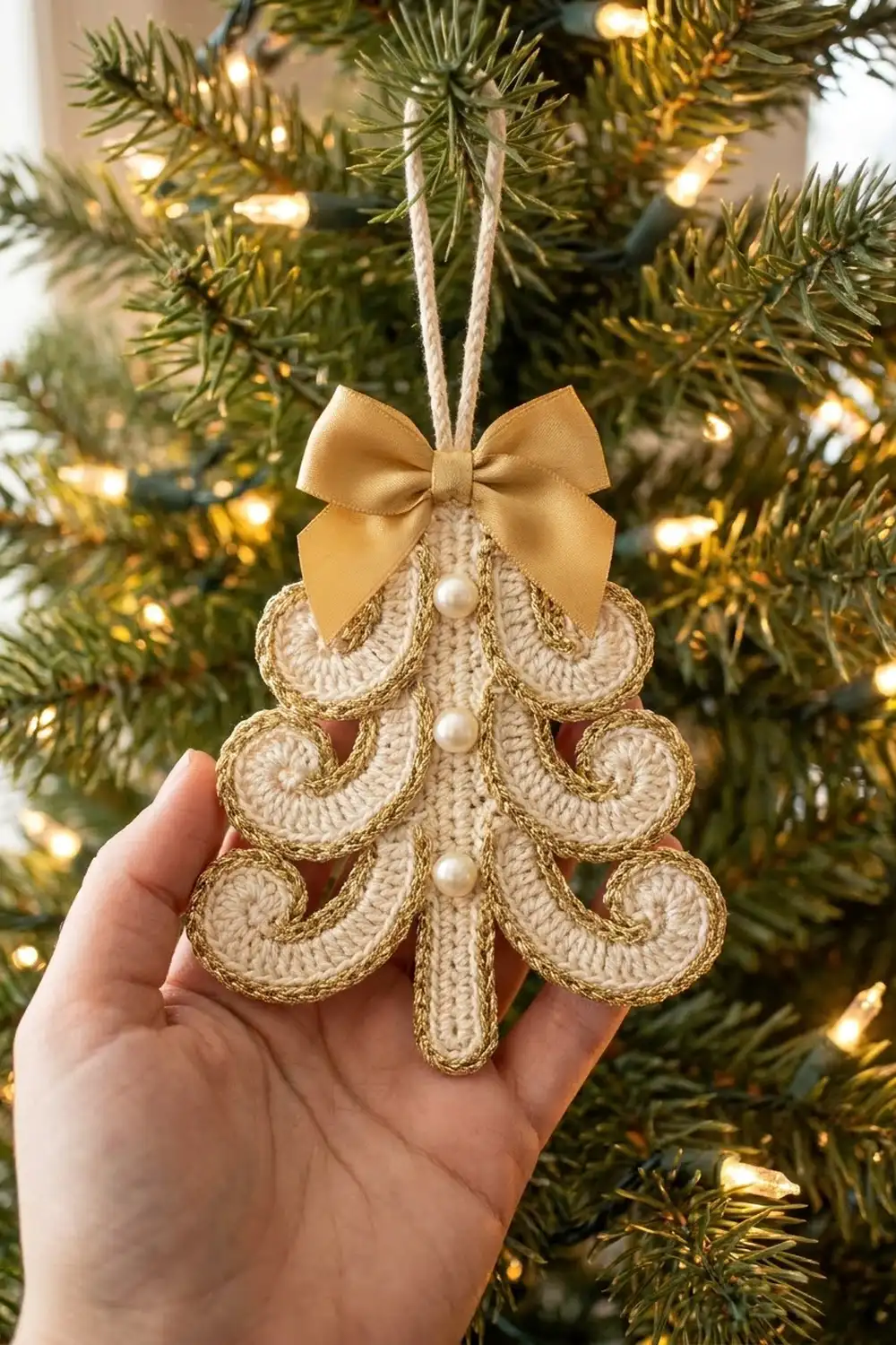 Hand holding crocheted beige tree ornament with gold bow and white pearls against lit Christmas tree.