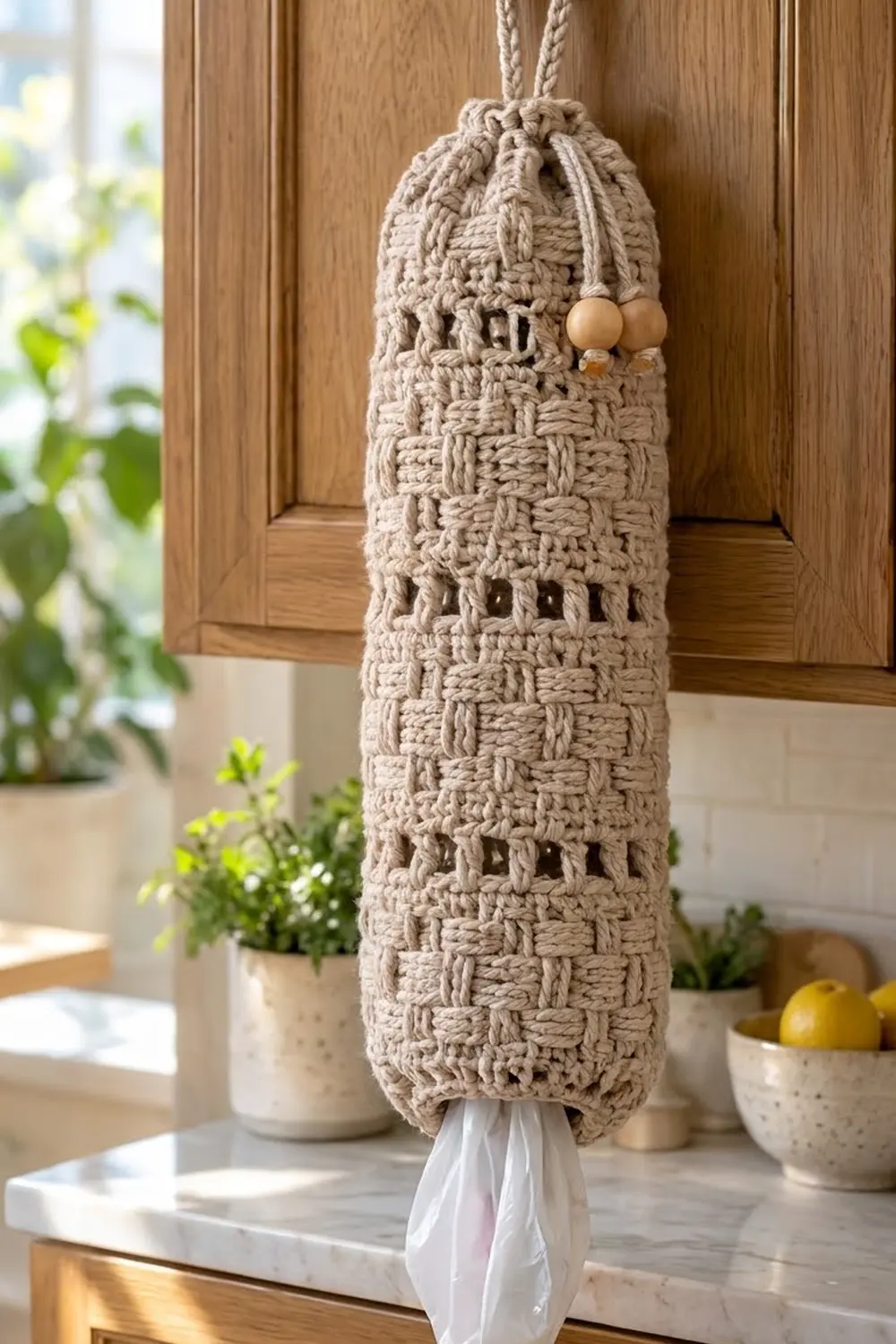 Cream macramé hanging storage bag with wooden beads suspended under wood cabinets in sunlit kitchen with plants.