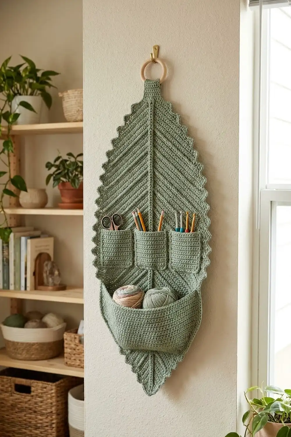 Sage green crocheted leaf wall hanging holding scissors, colored pencils, and yarn, displayed above a wooden shelf with potted plants.