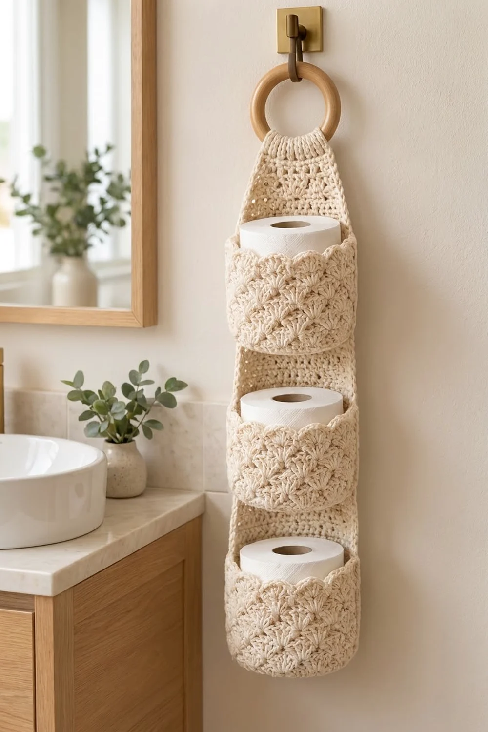 Cream-and-tan crocheted toilet paper holder with wooden ring hanging on bathroom wall, holding three rolls above wooden sink.