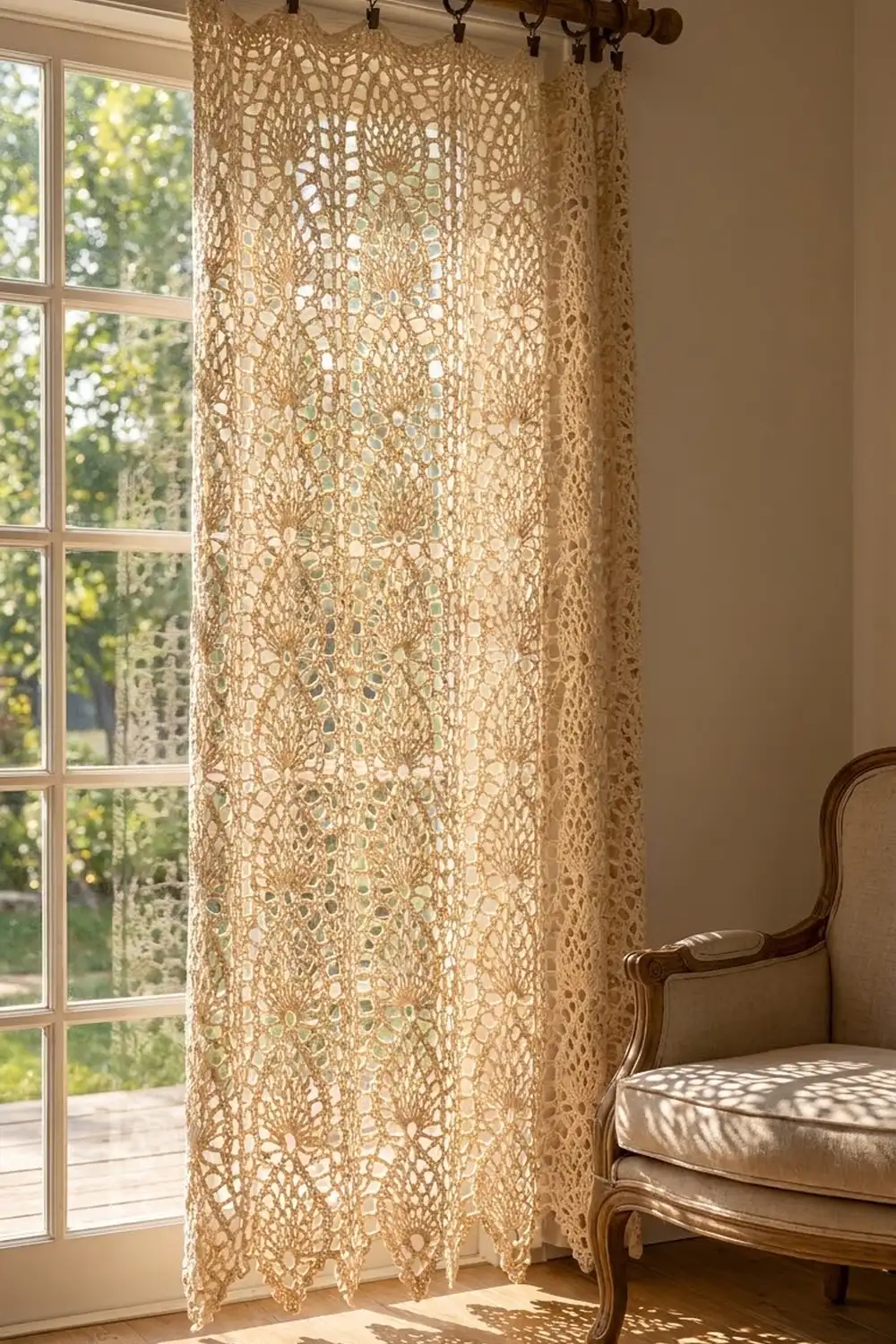 Delicate beige crochet curtain with open lattice pattern hung beside a wooden chair overlooking a sunlit garden.