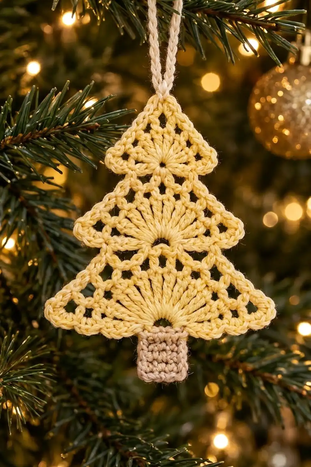 Pale yellow crocheted Christmas tree ornament with openwork lace pattern, hanging from evergreen branch with warm golden lights.