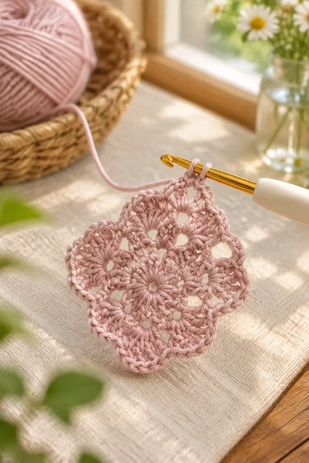 A delicate pink crocheted square motif on a gold crochet hook with yarn, styled on linen near flowers.