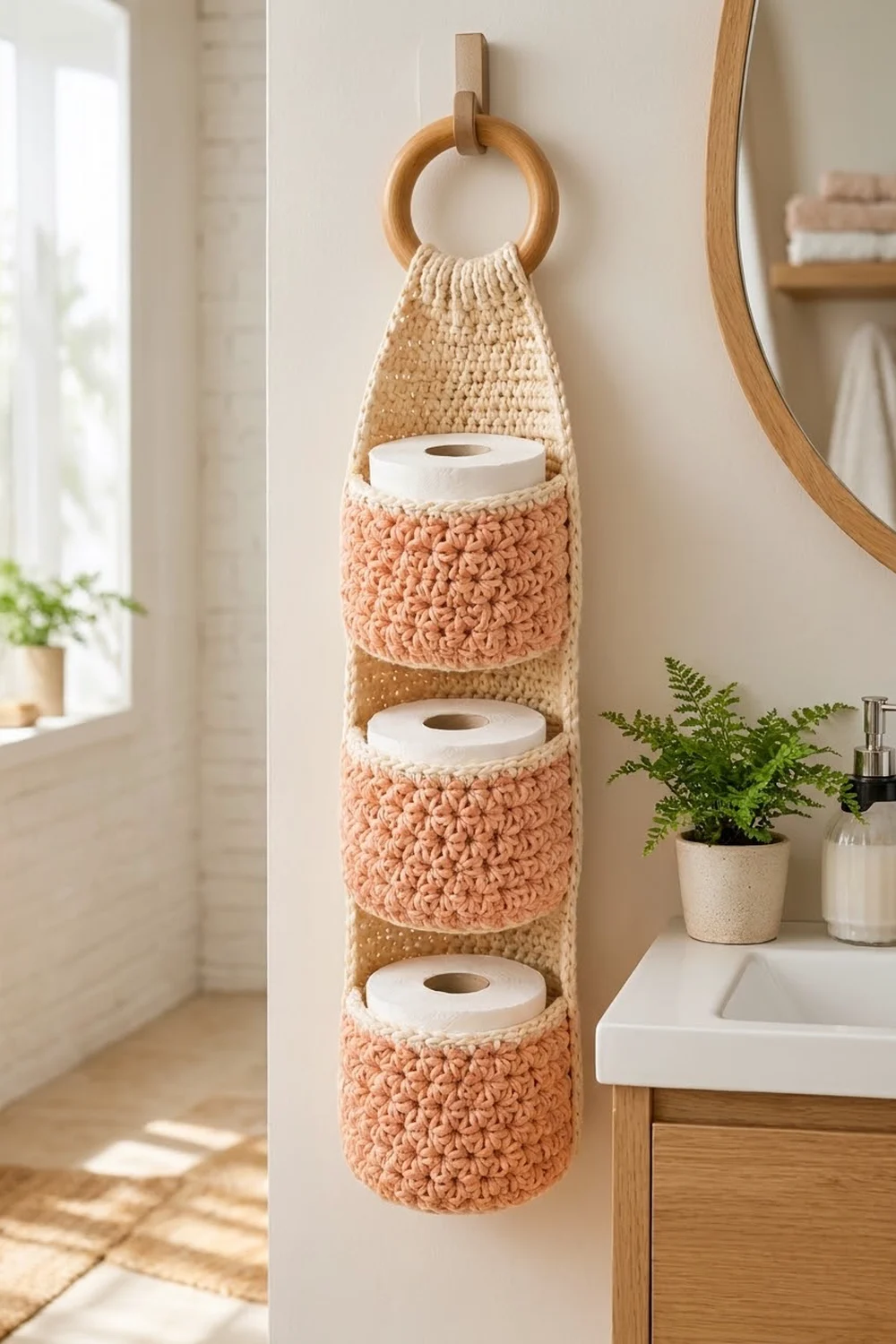 Crocheted toilet paper holder in tan and coral holding three paper rolls on a bathroom wall.