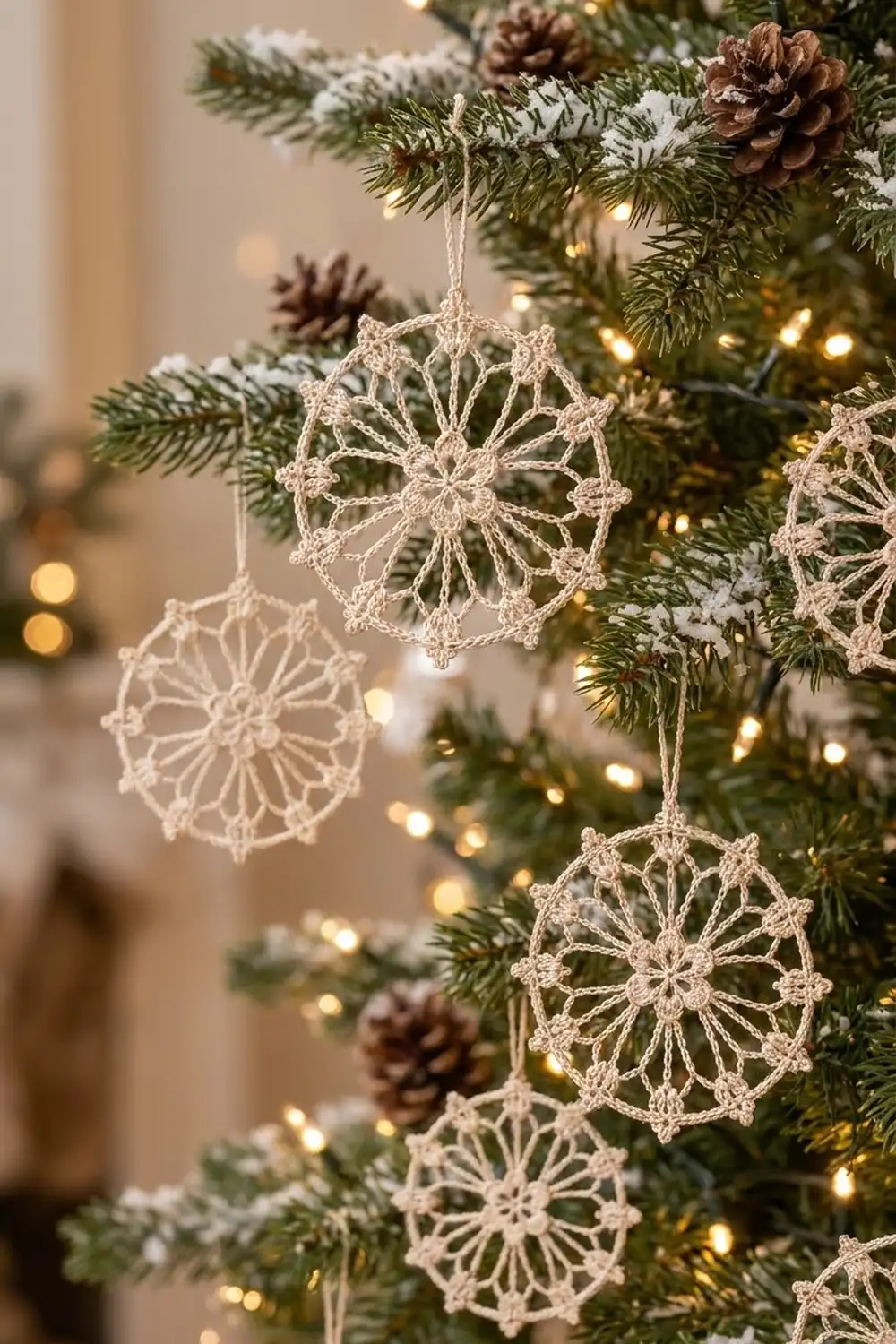 Delicate white crocheted snowflake ornaments displayed on evergreen branches with pinecones and golden lights.