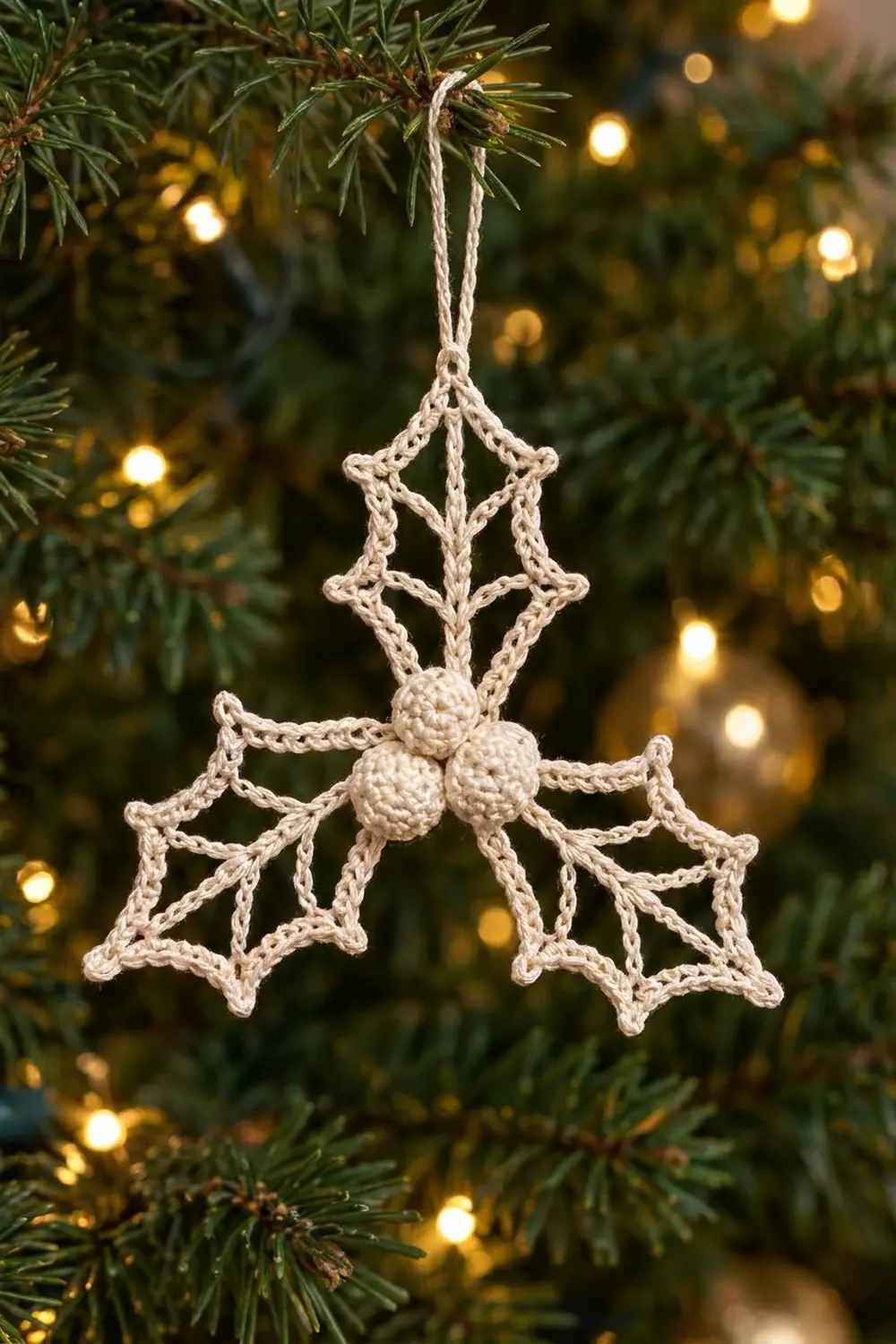 Cream-colored crocheted star ornament with beaded center hanging from evergreen branch with warm golden lights behind.
