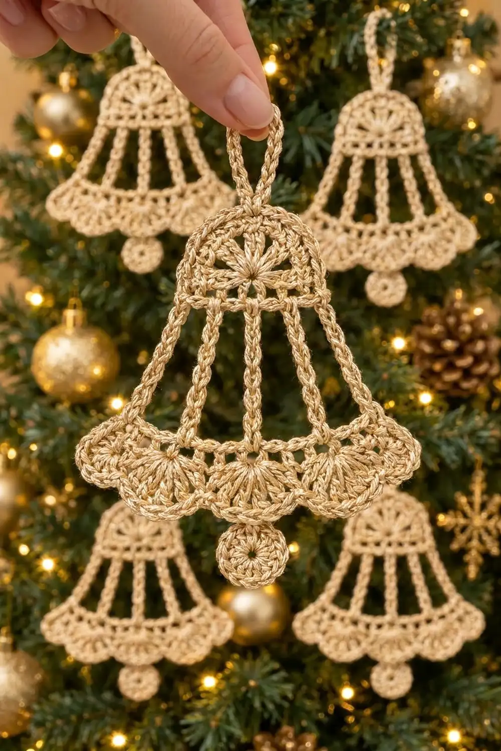 Hand holding a cream crocheted bell ornament with dangling scalloped edges suspended before a Christmas tree with gold lights.