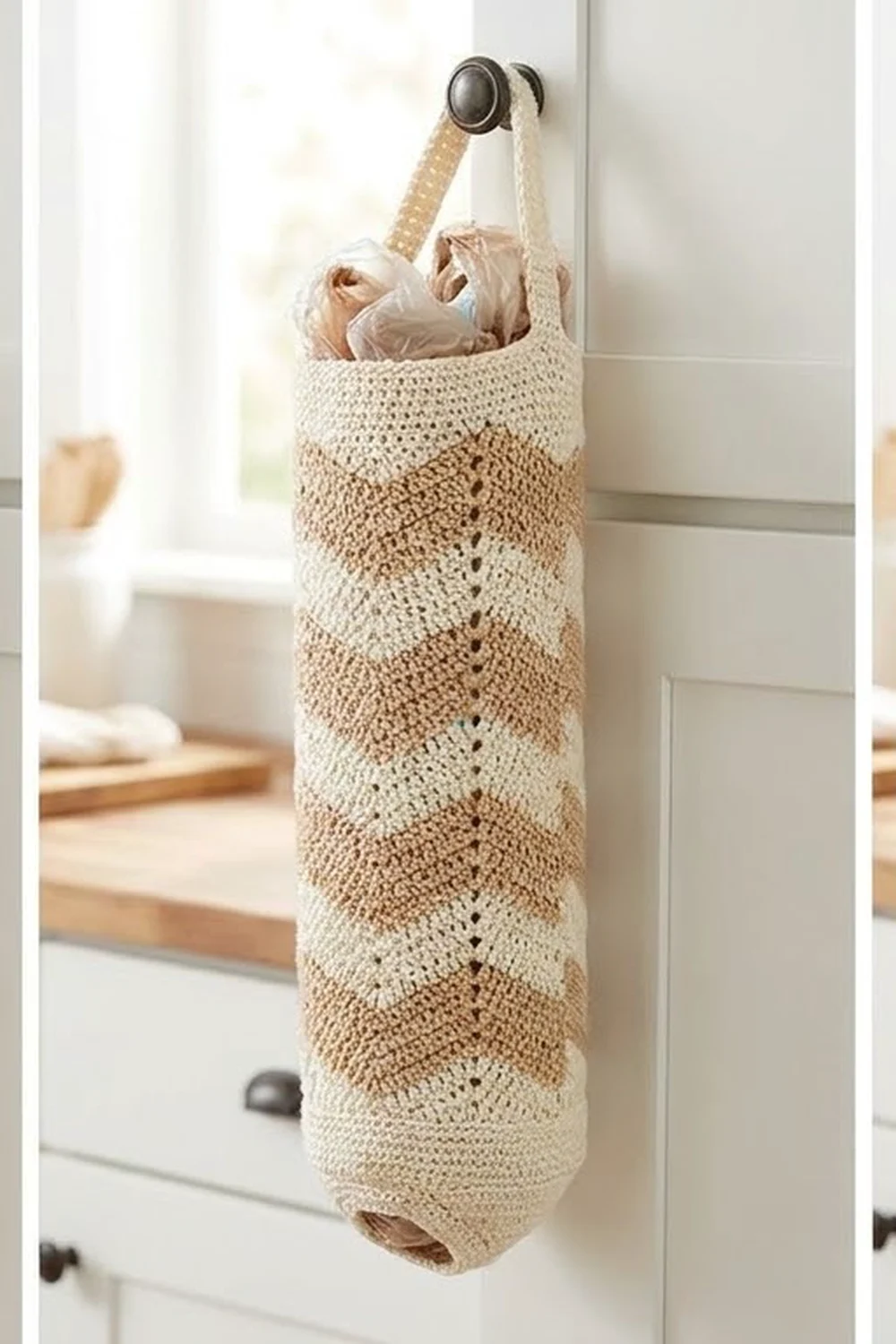 Cream and tan crocheted hanging organizer on a white cabinet door, filled with storage items in a bright, minimalist space.