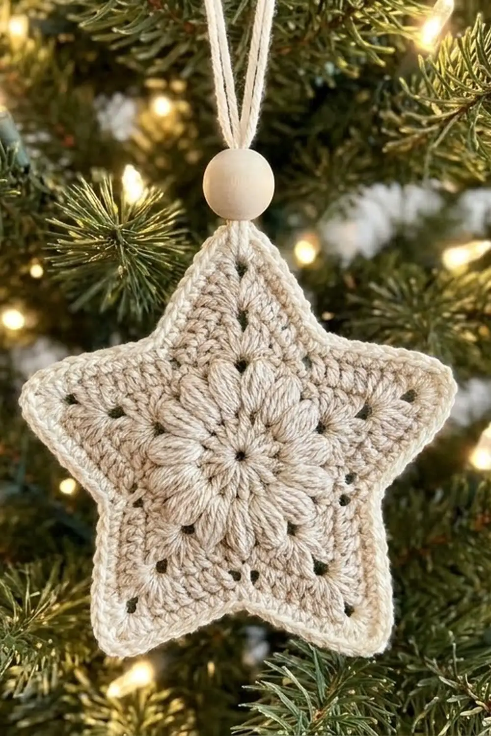 Cream-colored crocheted star ornament with dimensional texture hanging on lit evergreen tree among warm glowing lights.