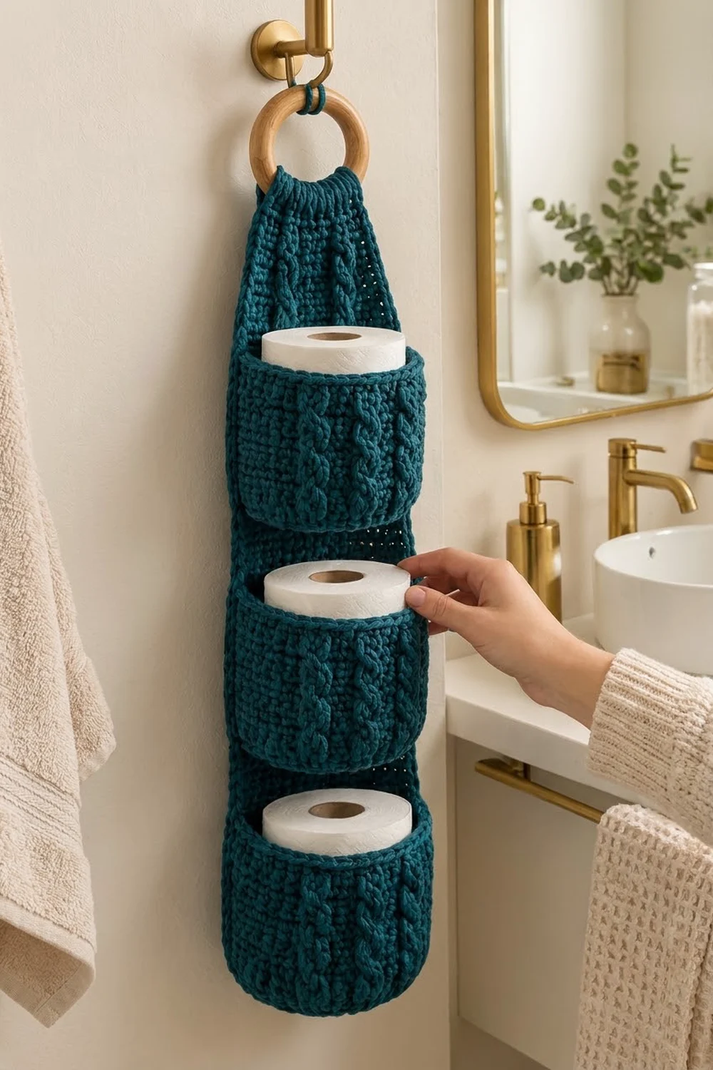 Dark teal crocheted toilet paper organizer mounted on bathroom wall with brass hook, holding three white rolls.