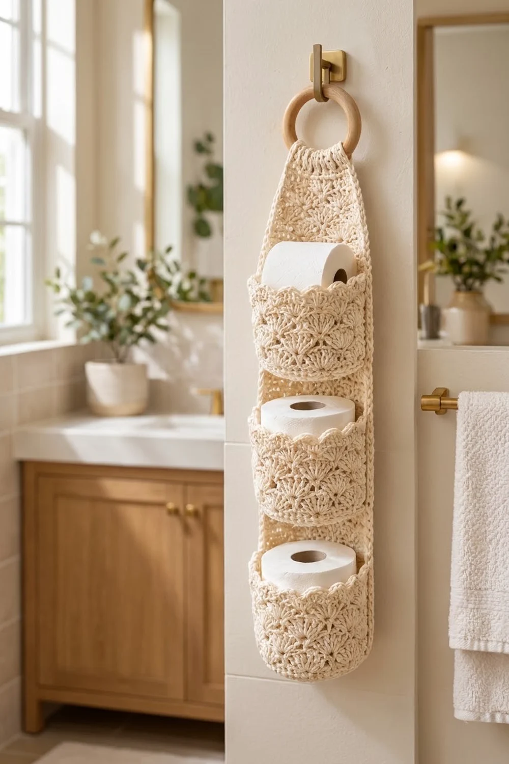 A cream-colored crocheted toilet paper organizer with three pockets hangs from a brass hook in a modern bathroom.