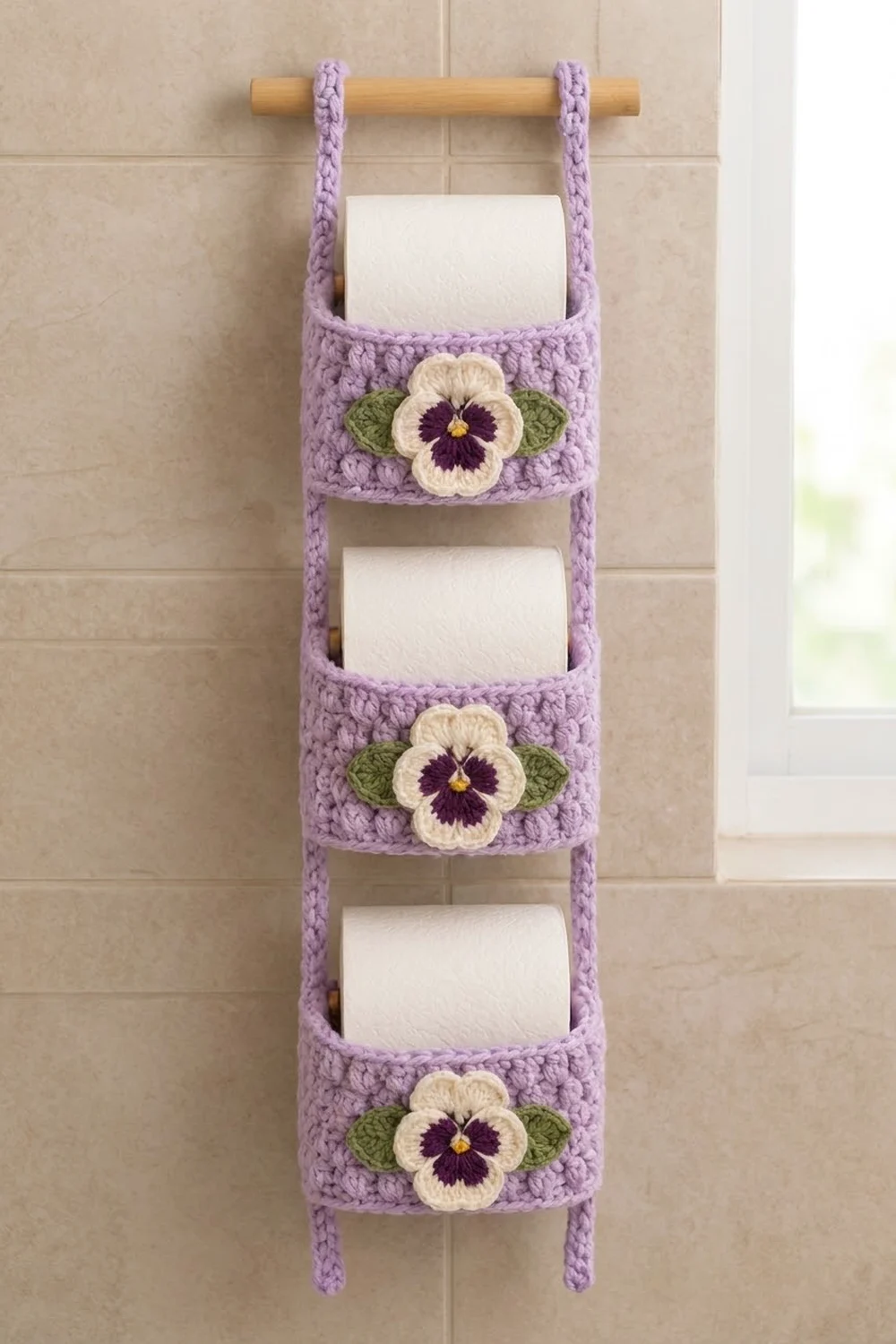 Lavender crocheted toilet paper holder with three pockets holding white rolls, decorated with pansy flowers, hung on bathroom tile wall.