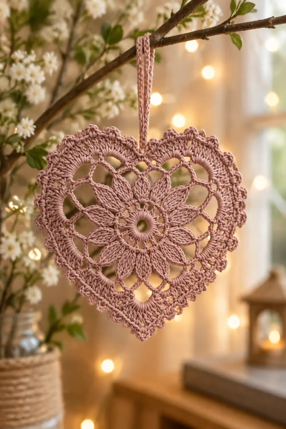 A dusty rose crocheted heart ornament hangs from a branch amid white flowers and warm bokeh lights.