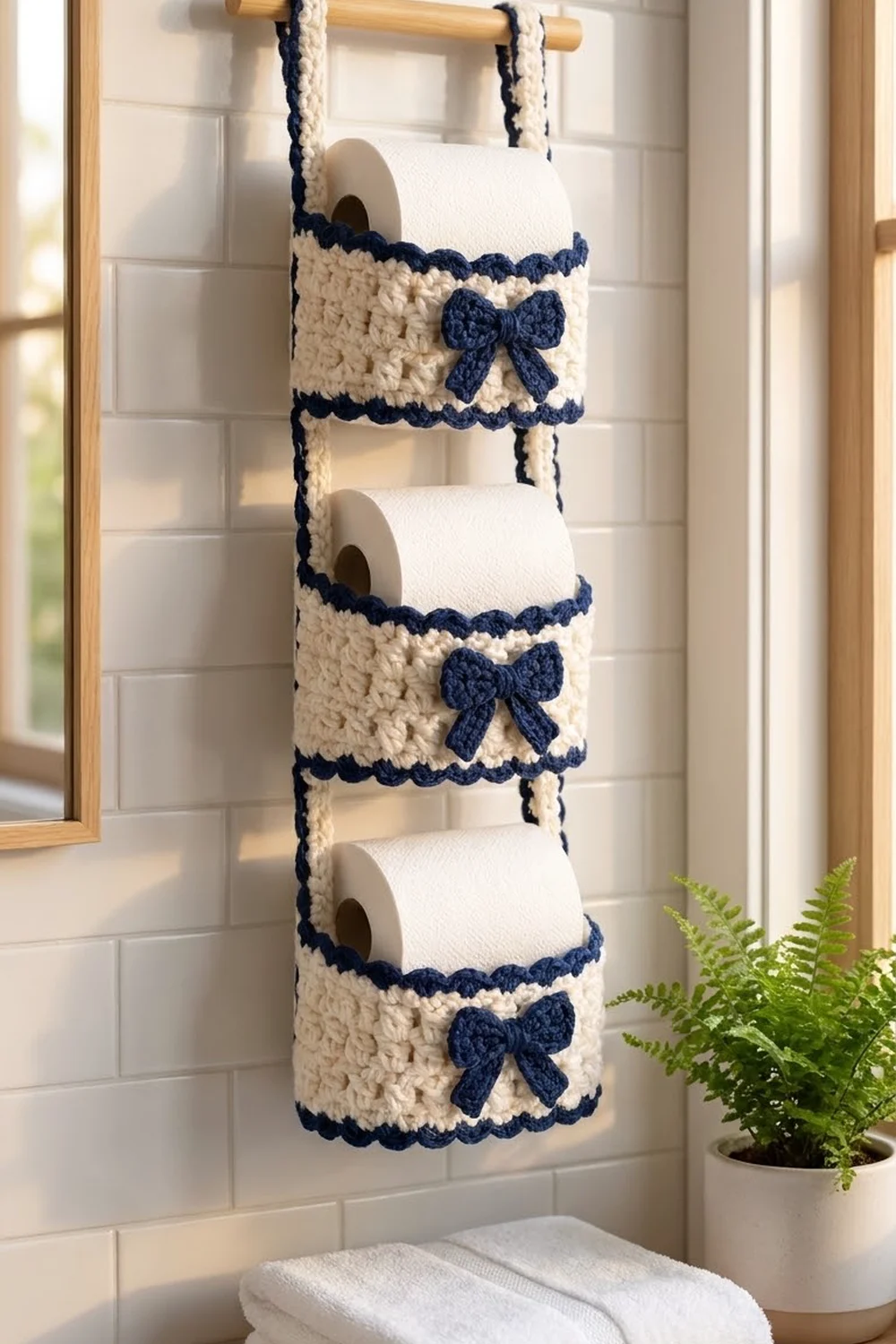 Cream and navy crocheted three-roll toilet paper holder with blue bows hanging on white bathroom tile.