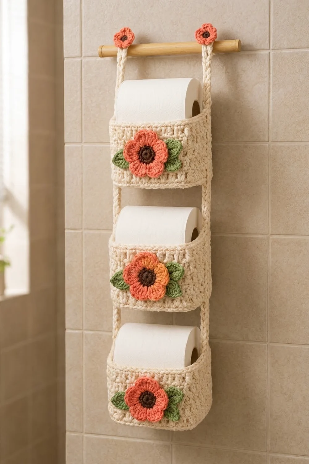 Crocheted cream toilet paper holder with three rolls and coral flowers hanging on wooden rod in tiled bathroom.