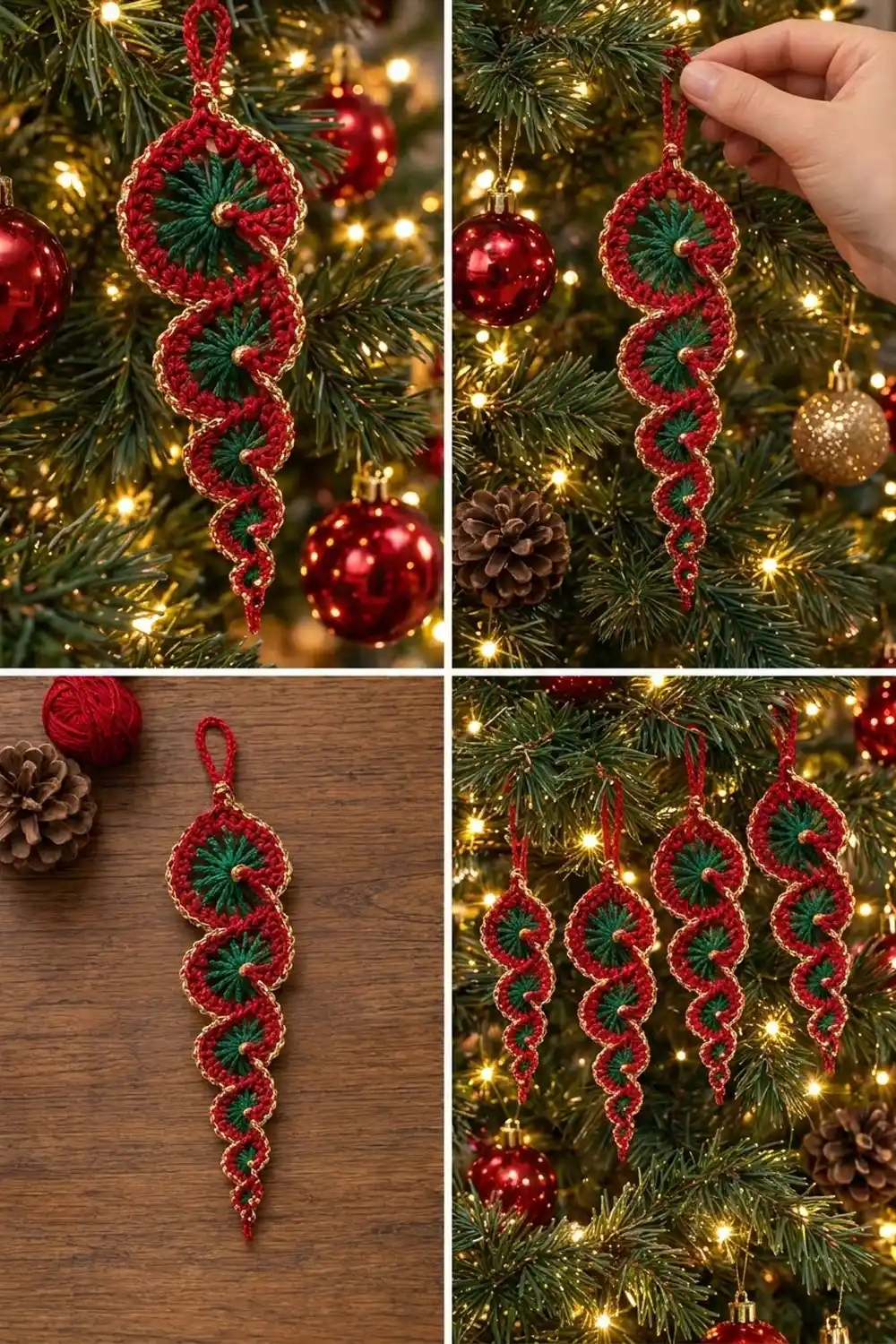 Handmade red crocheted ornaments with green centers displayed on a decorated Christmas tree with white lights.