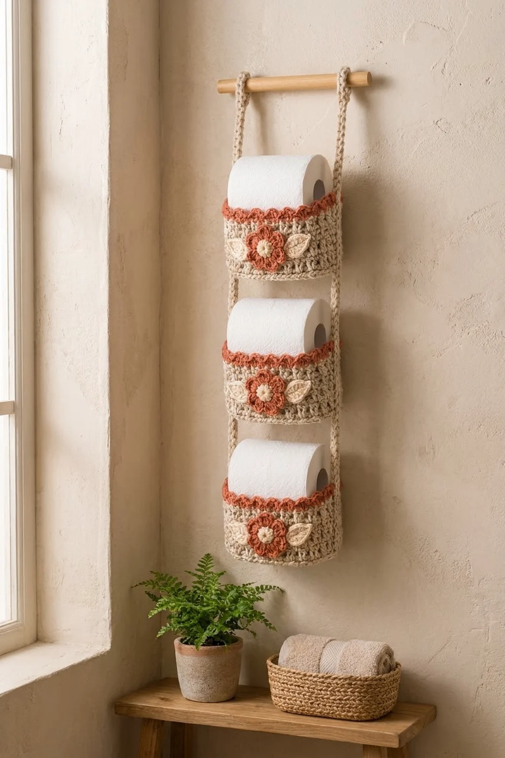 Crocheted three-tier toilet paper holder in cream and rust tones hanging above a shelf with fern and rolled towels.