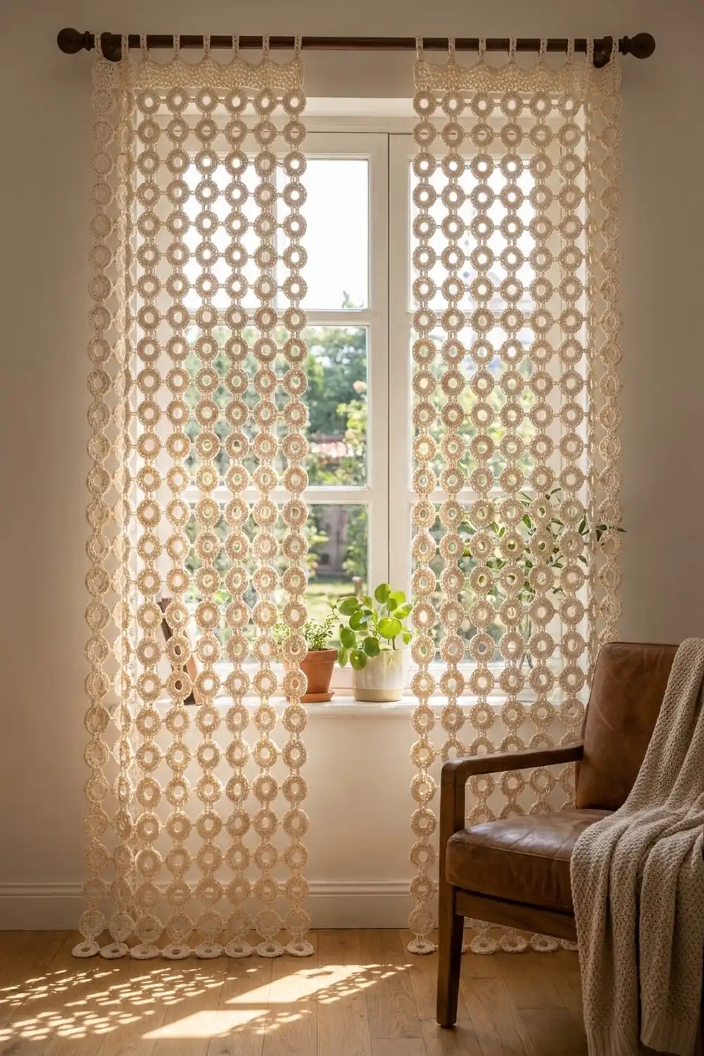 Beige crochet curtains feature a circular openwork pattern, displayed at a sunny window beside a brown leather chair.