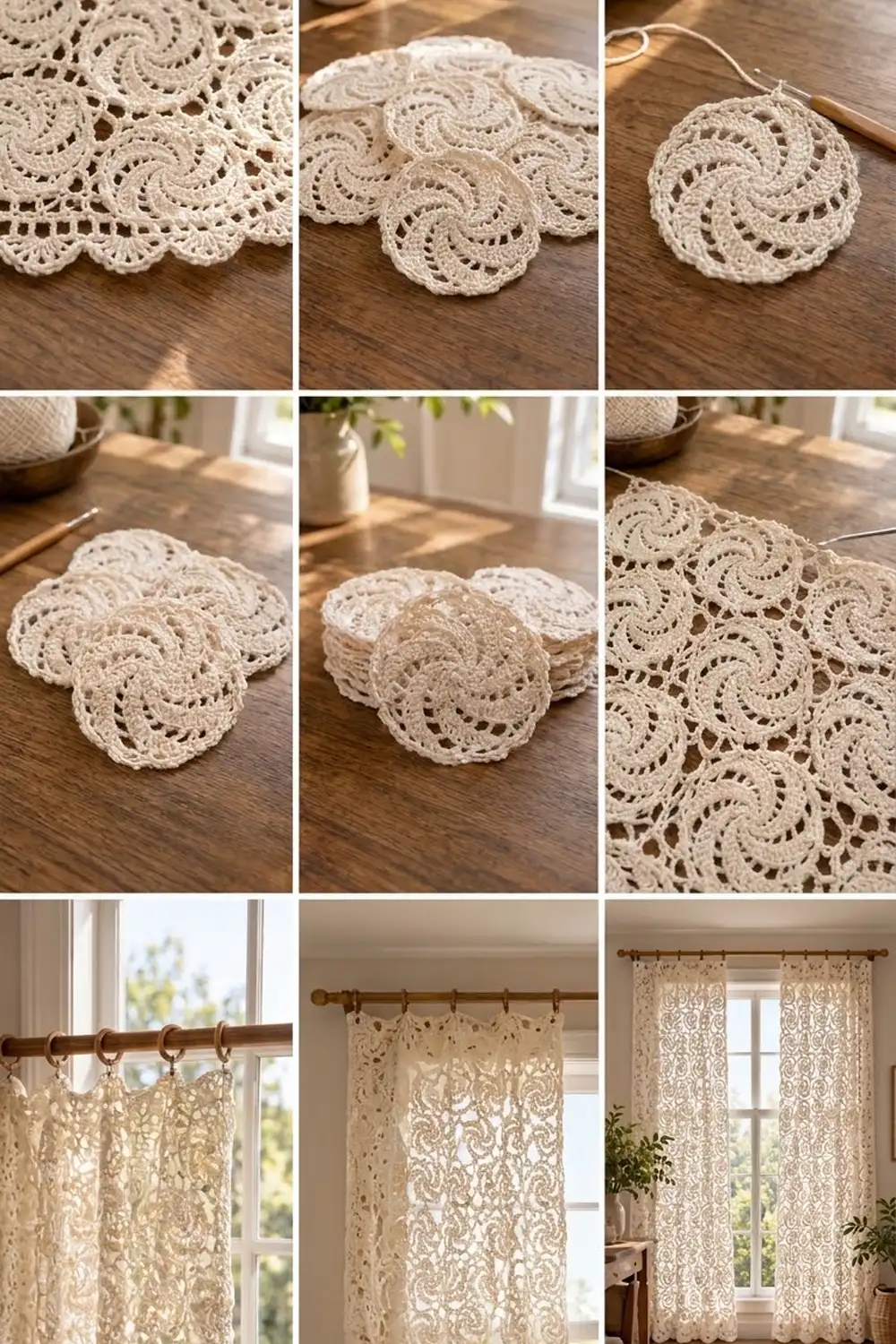 Delicate cream crochet doilies displayed as coasters and hung as lightweight lace curtains in bright cottage windows with natural light.