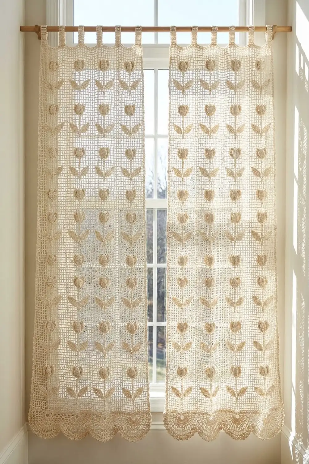 Cream crocheted curtains with tan tulip pattern and openwork design hang on a wooden rod at a bright window.