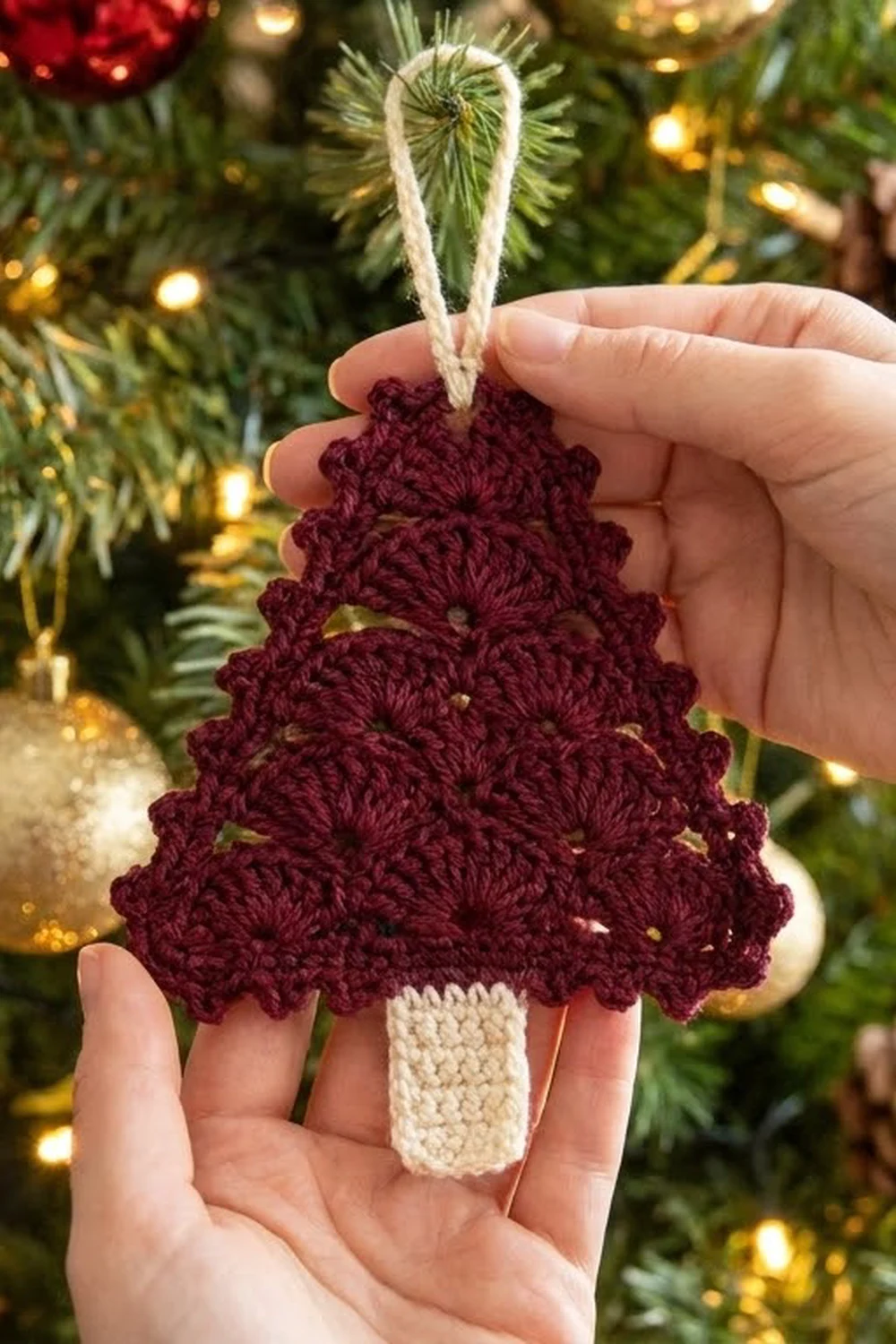 Hand holding a burgundy crocheted Christmas tree ornament with cream trunk and twine loop, displayed against a glowing decorated tree.