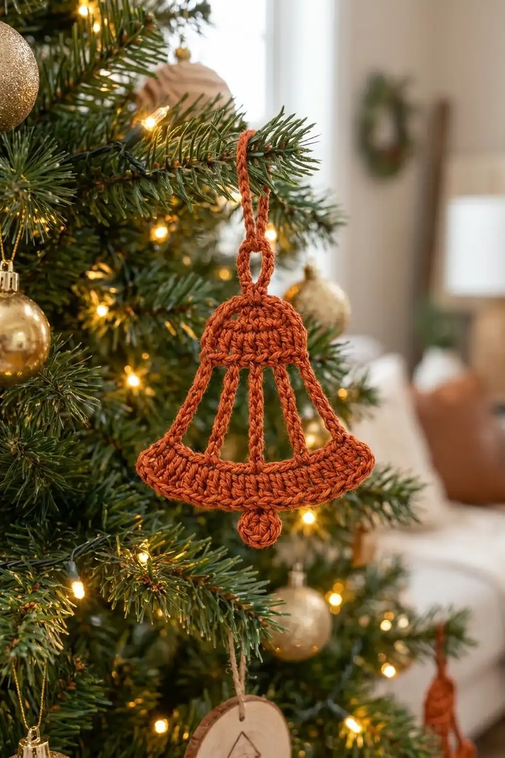 Rust-toned crocheted bell ornament hanging from an evergreen branch surrounded by warm lights and golden ornaments.