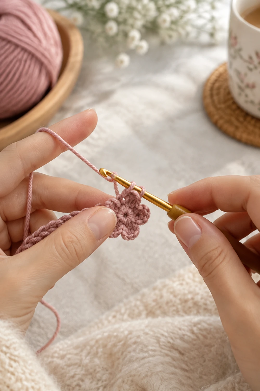 Hands crocheting a small pink flower with a golden hook on a cream-colored textured surface.