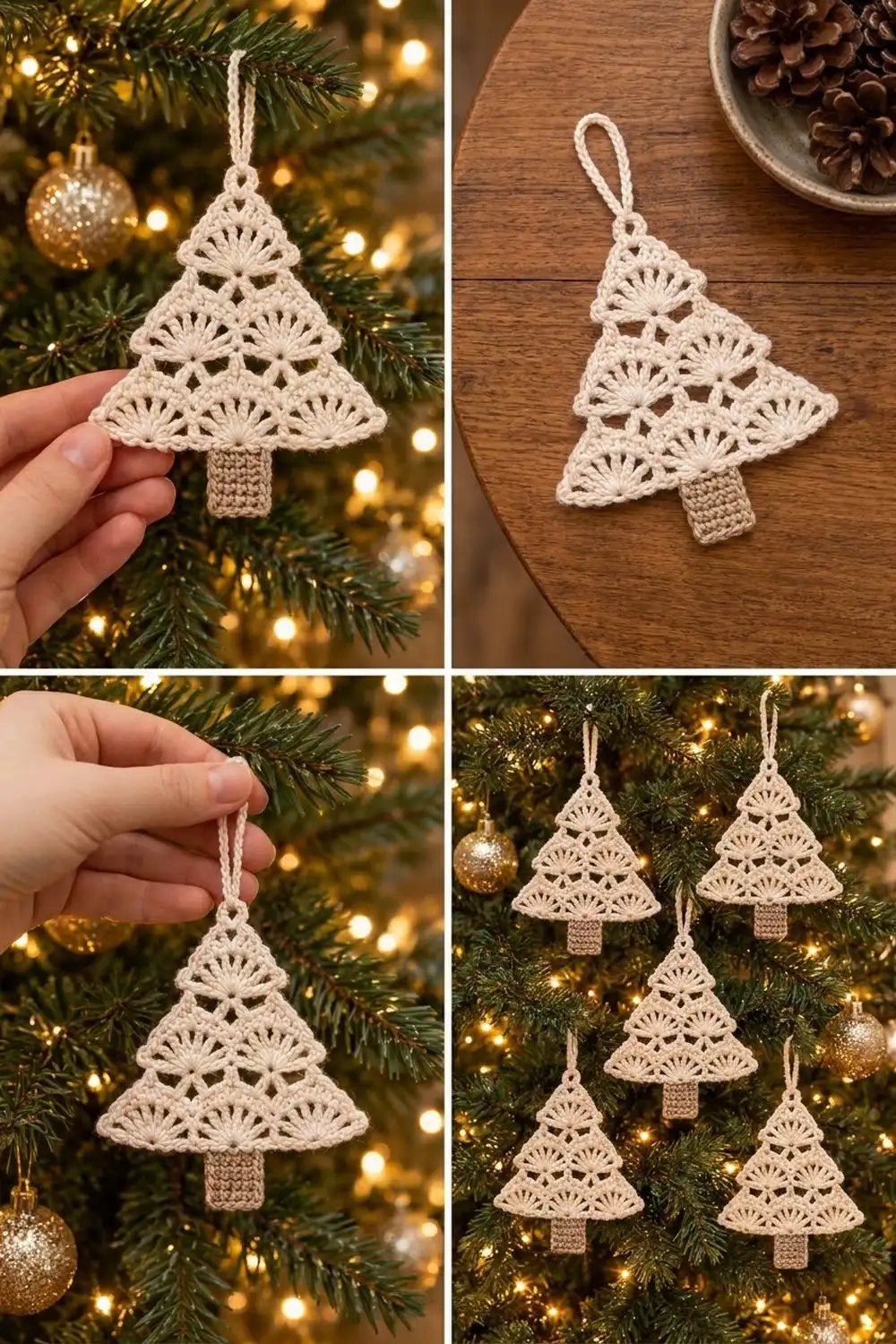 Cream crocheted tree ornaments with openwork shell patterns styled on a decorated Christmas tree with warm lights.